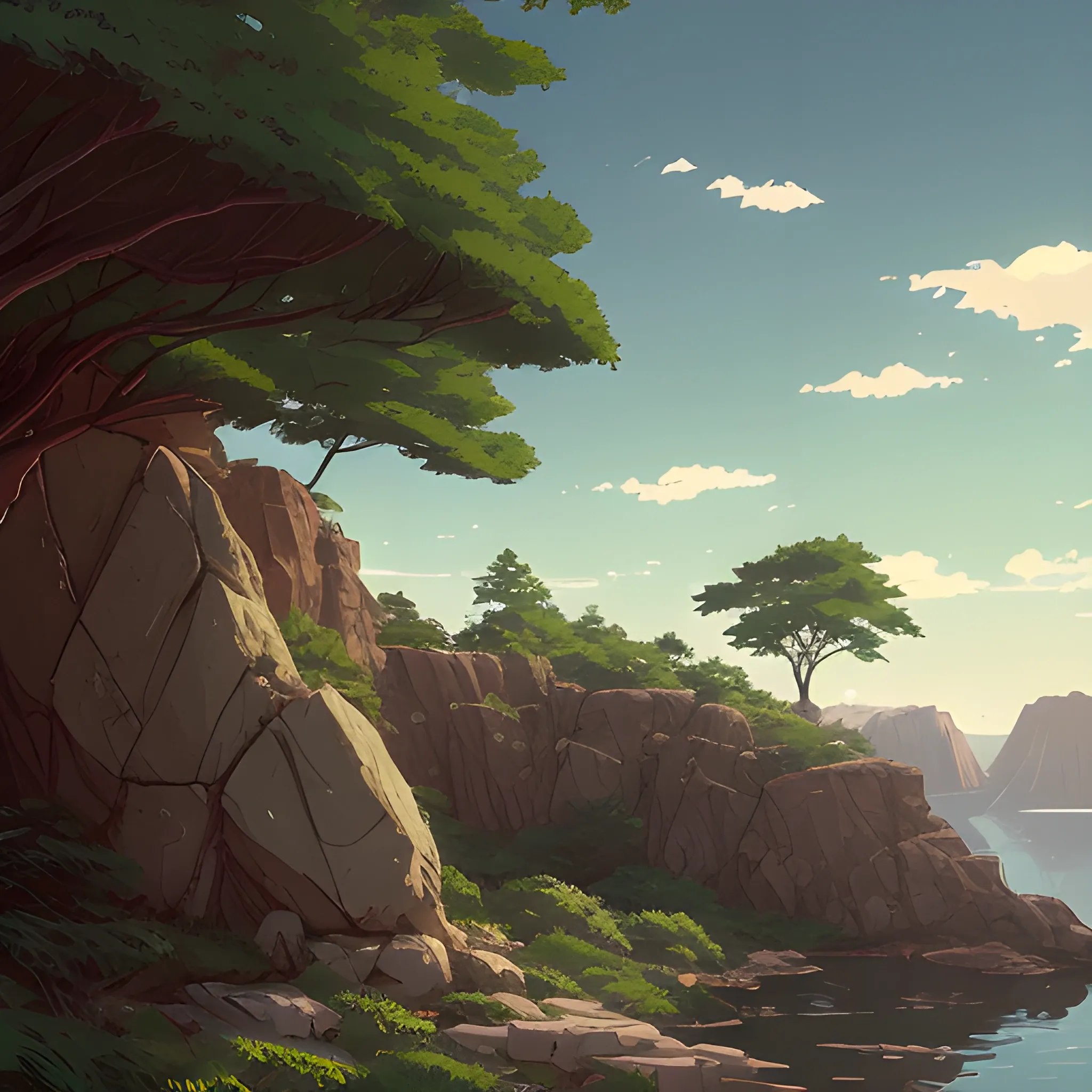 horizontal view with bush and rocks... in the style of makoto shinkai and greg rutkowski and albert bierstadt and james gurney, Cartoon