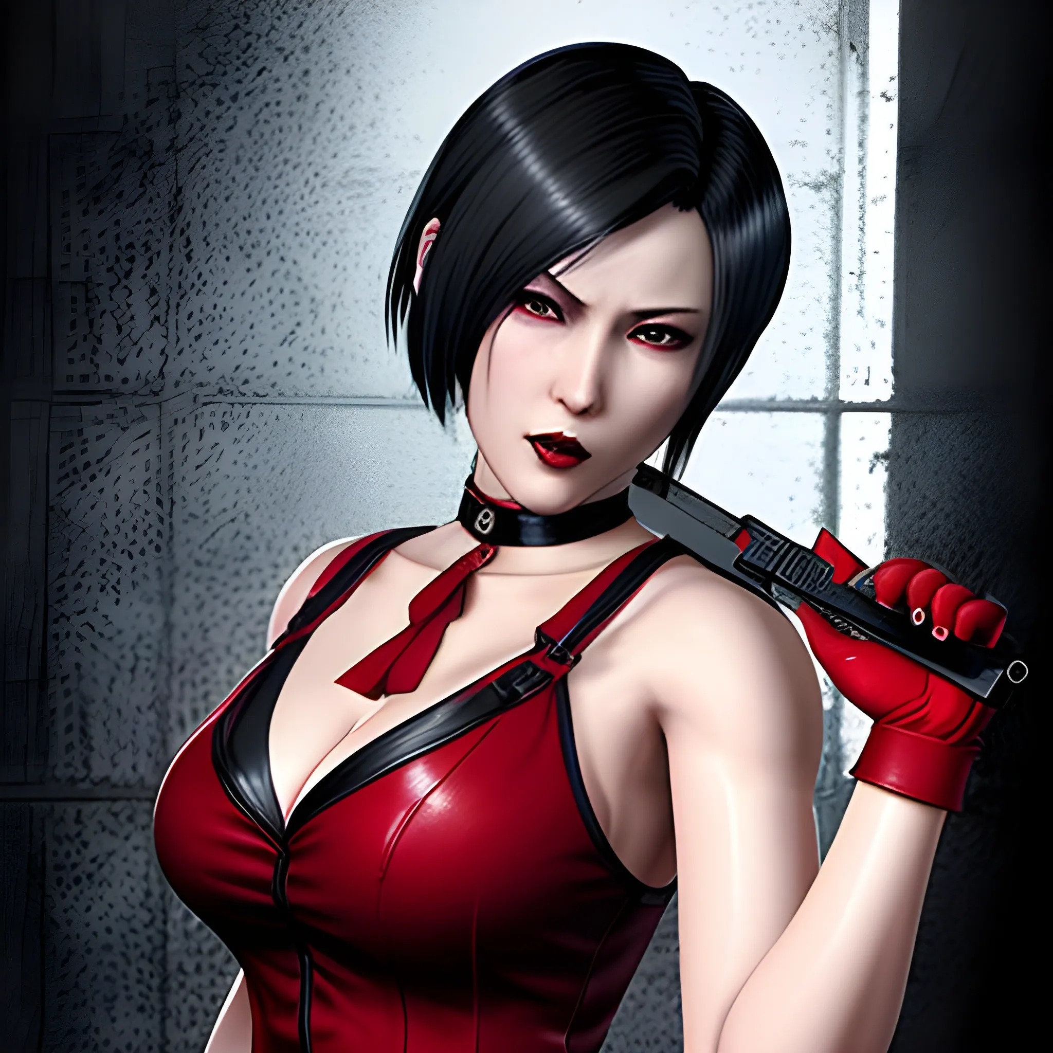 an image of Ada Wong from Resident Evil 2 Remake. She has short, straight black hair, wears a red dress, and has a ahegao expression. Include her iconic black gloves and choker. The background should be a dark, moody setting, reminiscent of the game’s atmosphere. Cleavage. Beautiful. -1 Offset. Realistic