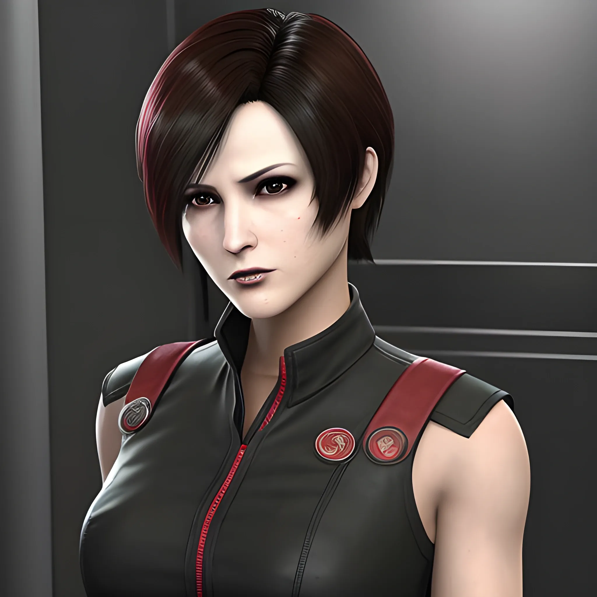 una imagen de Ada Wong de Resident Evil 2 Remake. Tiene el pelo negro corto y liso, lleva un vestido rojo ajustado y corto y tiene una expresión ahegao. Incluye sus icónicos guantes negros y su gargantilla. El fondo debe ser un escenario claro y de mal humor, que recuerde la atmósfera del juego. Escote. Hermoso. -1 compensación. Realista