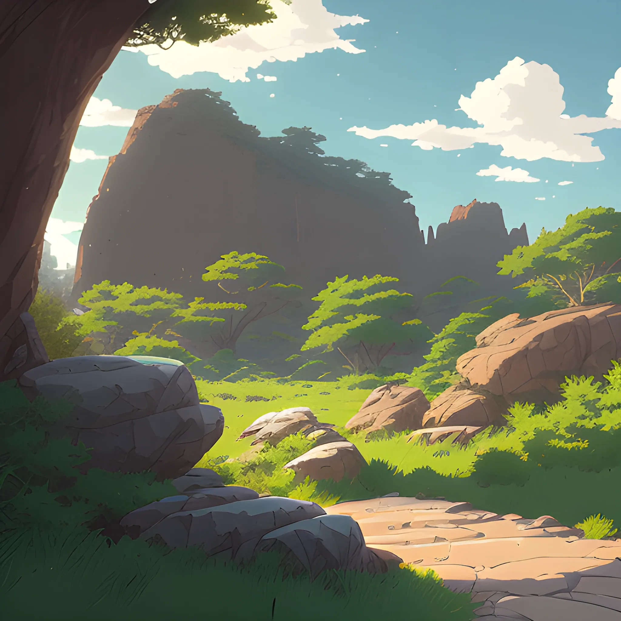 horizontal view with bush and rocks... in the style of makoto shinkai and greg rutkowski and albert bierstadt and james gurney, Cartoon