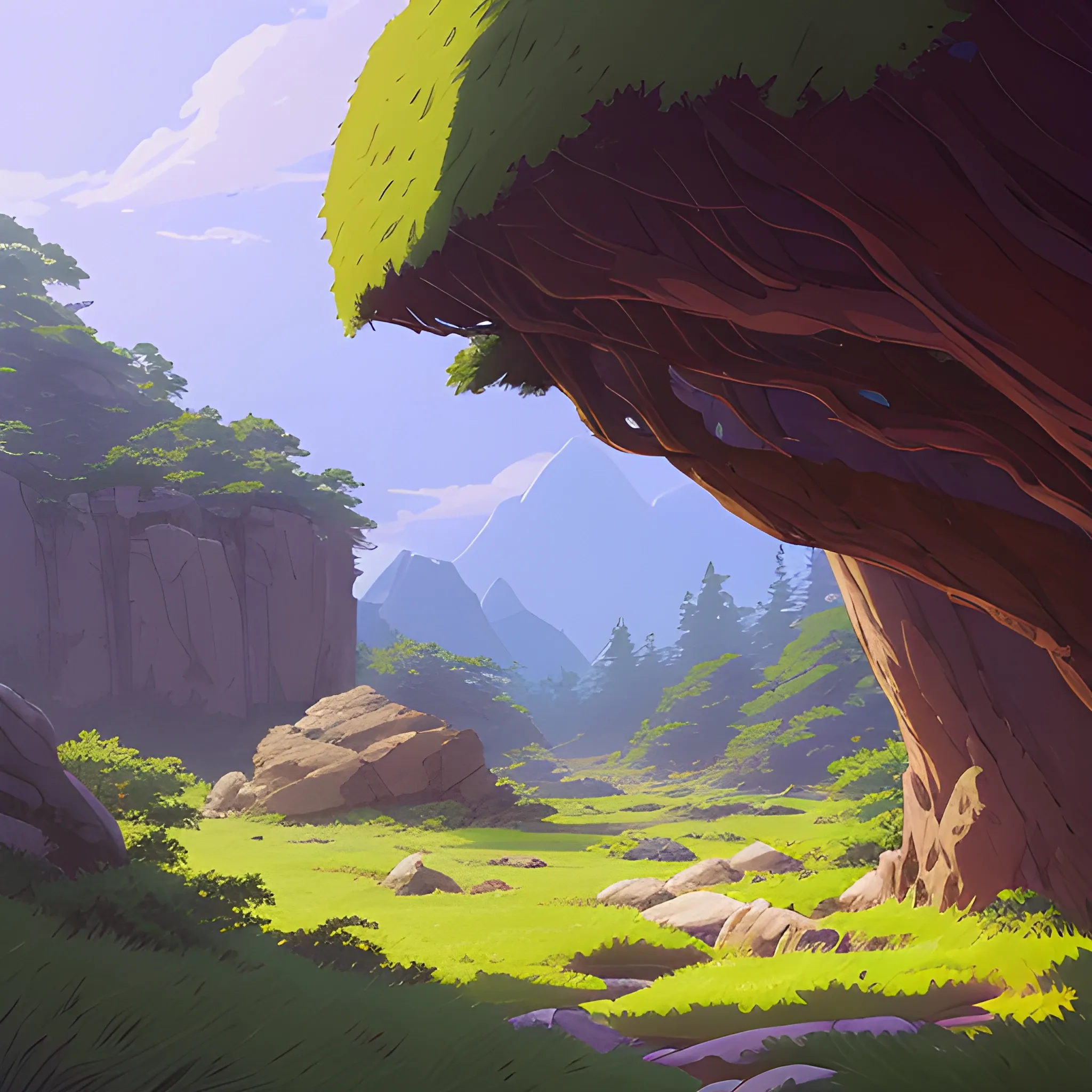 horizontal view with bush and rocks... in the style of makoto shinkai and greg rutkowski and albert bierstadt and james gurney, Cartoon