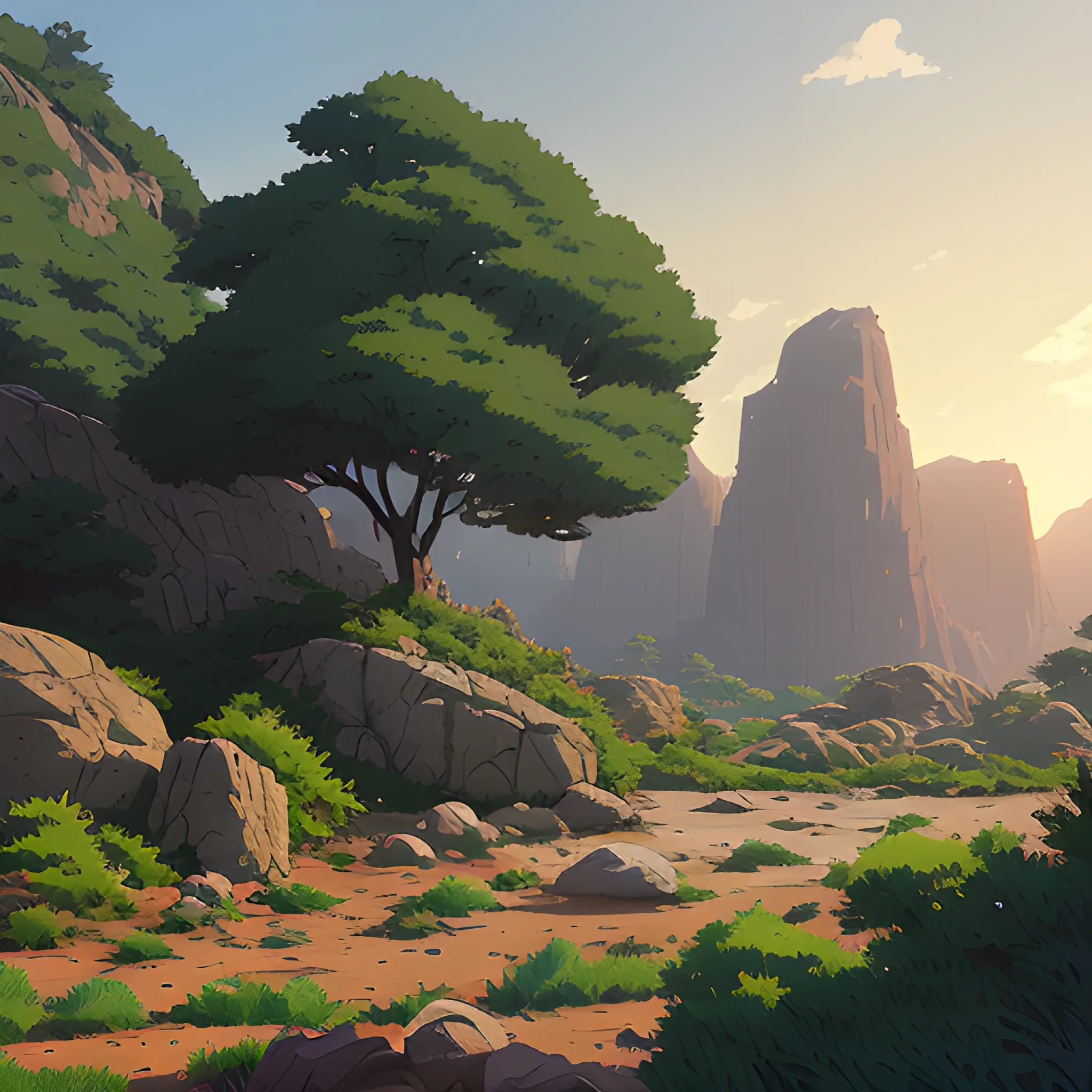 horizontal view with bush and rocks... in the style of makoto shinkai and greg rutkowski and albert bierstadt and james gurney, Cartoon