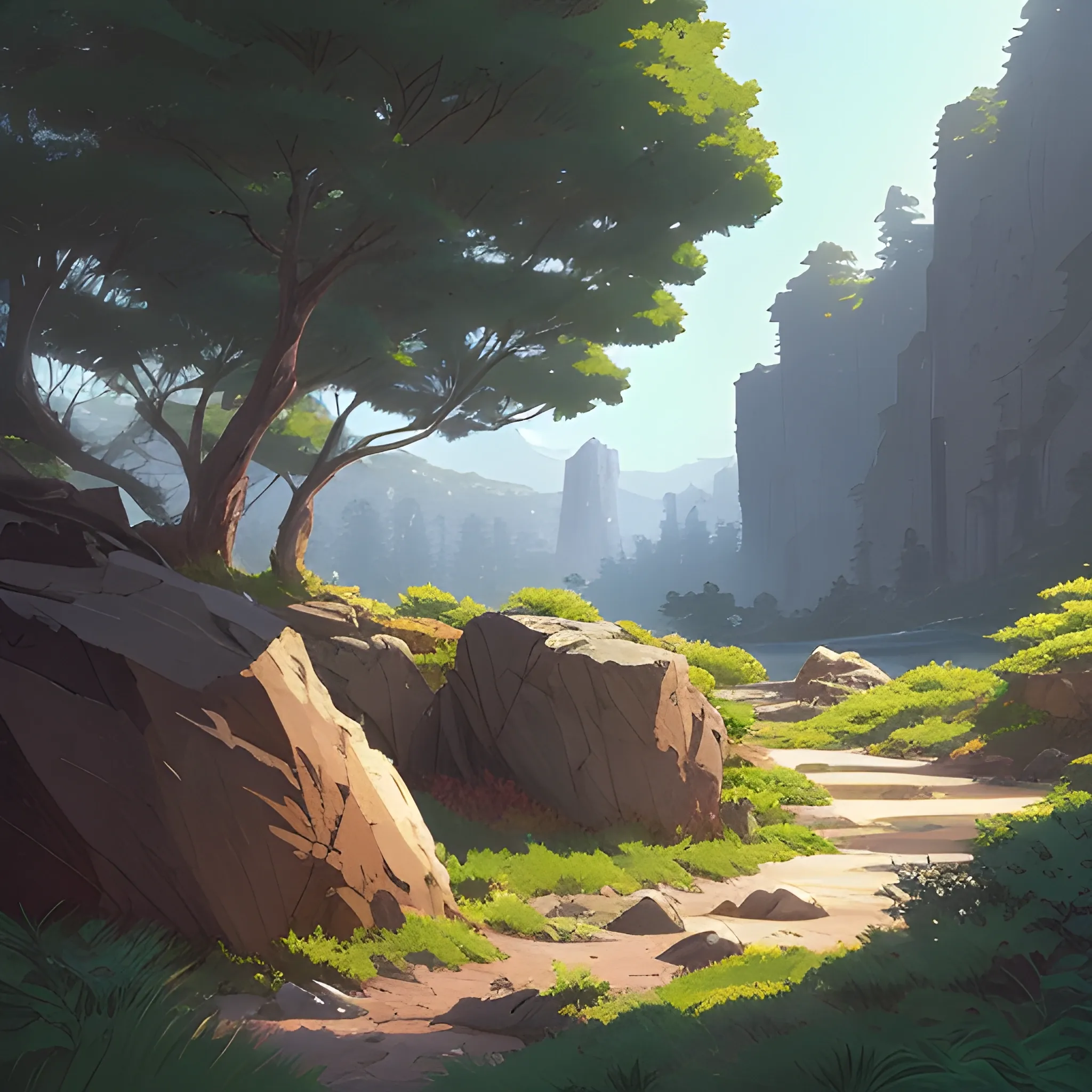 horizontal view with bush and rocks... in the style of makoto shinkai and greg rutkowski and albert bierstadt and james gurney, Cartoon