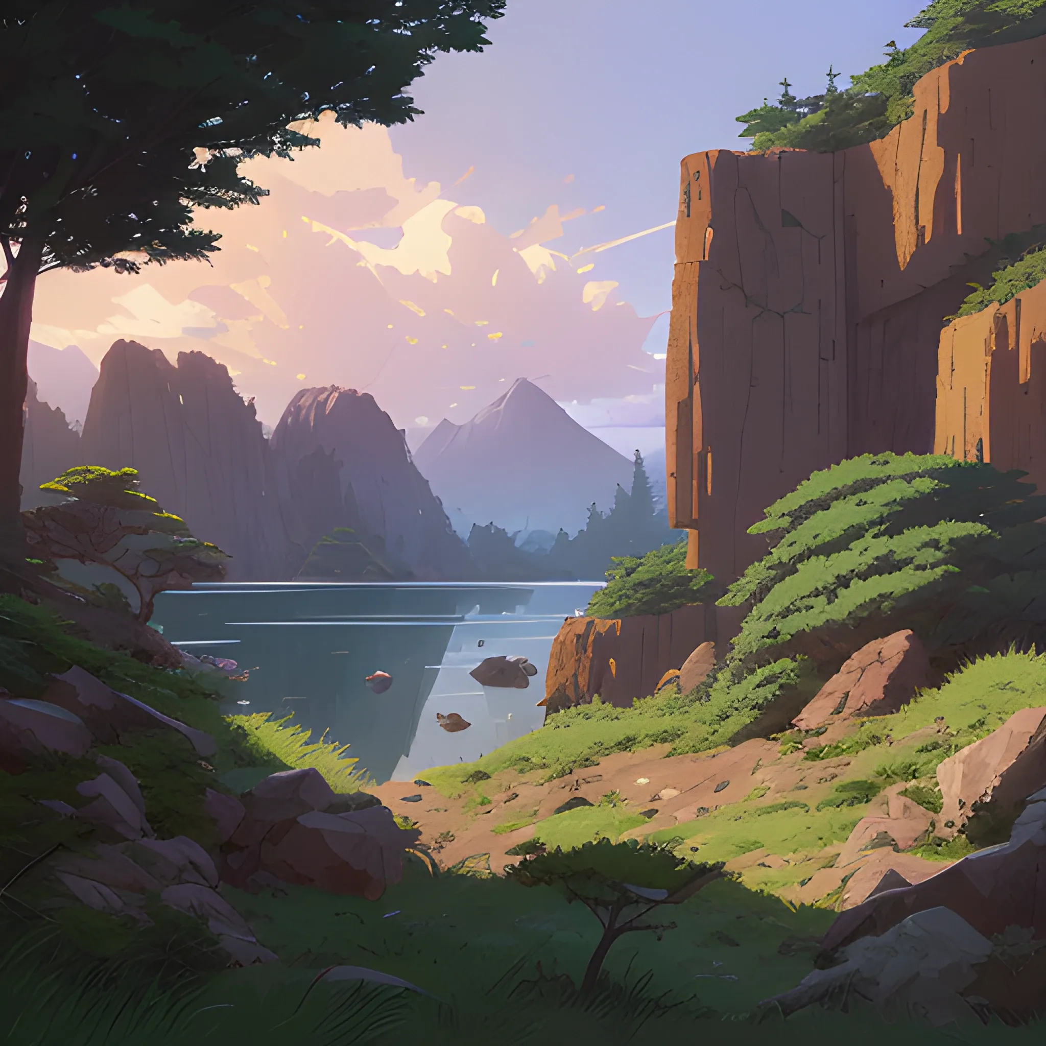 horizontal view with bush and rocks... in the style of makoto shinkai and greg rutkowski and albert bierstadt and james gurney, Cartoon