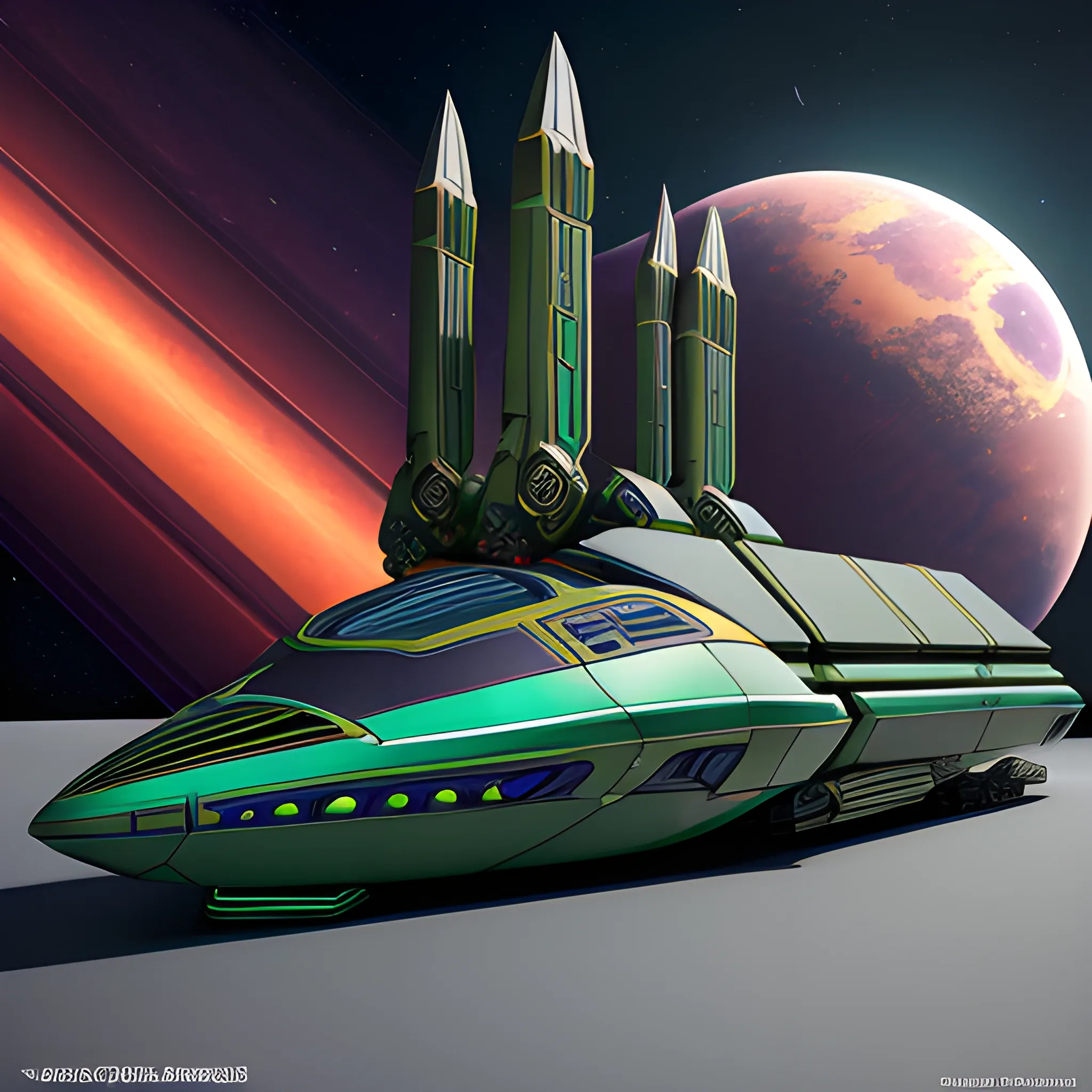 A stunning 3D render of a futuristic spaceship merging the iconic elements of J. Michael Straczynski's G'Quan Heavy Cruiser and a metallic green Mack Truck cargo hauler. The spaceship is a massive frigate with a sleek, ultramodern design, featuring a blend of metallic gold, dark vermilion, peach red, and a Renaissance Catholic Cross-inspired emblem. The spaceship floats in the vastness of space, juxtaposed against the backdrop of a massive space station, reminiscent of Larry Niven's style. The station is a colossal factory shipyard with a blend of dark beach orange and metallic accents, creating a stunning contrast against the blackness of space. The overall ambiance of the scene is cinematic and realistic, immersing the viewer in a breath, 3d render, cinematic.