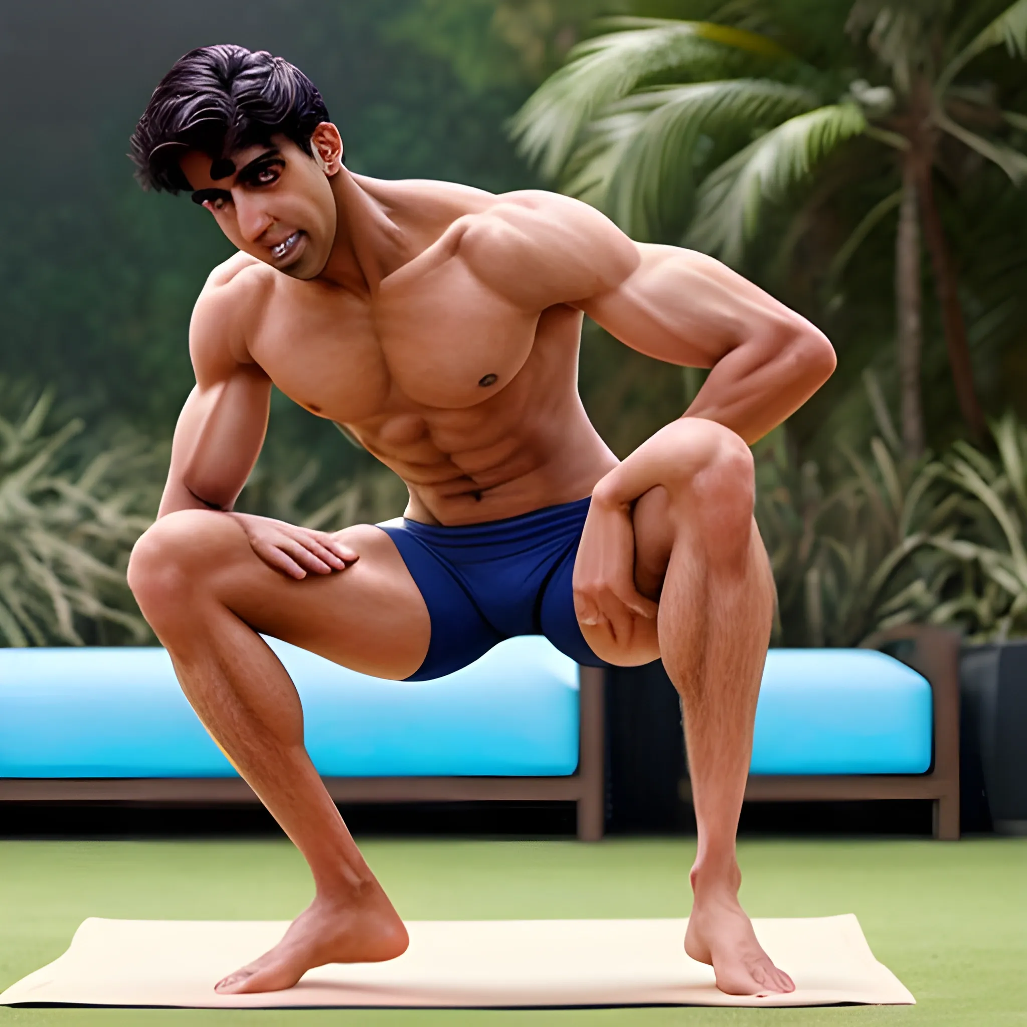 a realistic photo of shirtless rishi sunak bending over