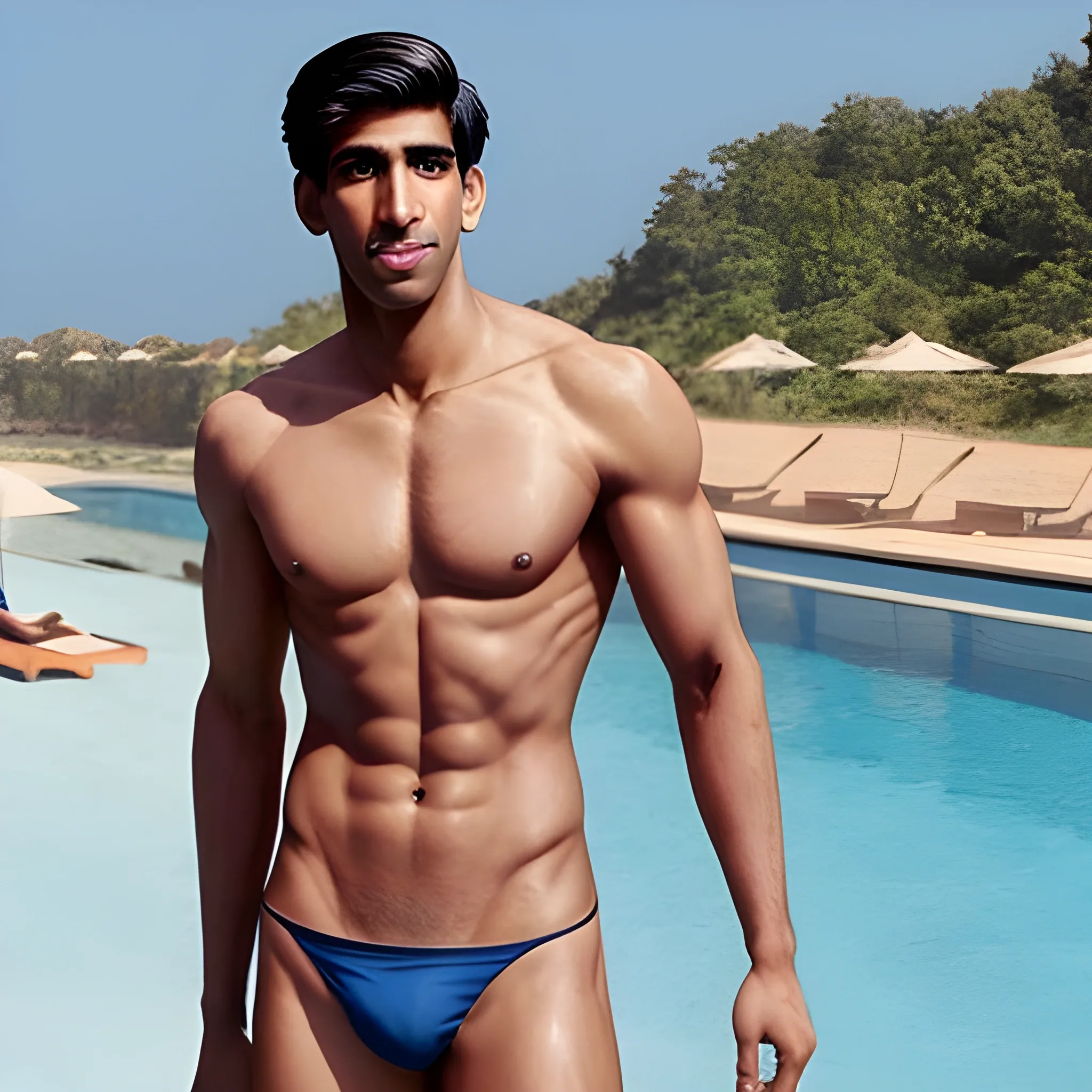 a realistic photo of a shirtless rishi sunak wearing a speedo