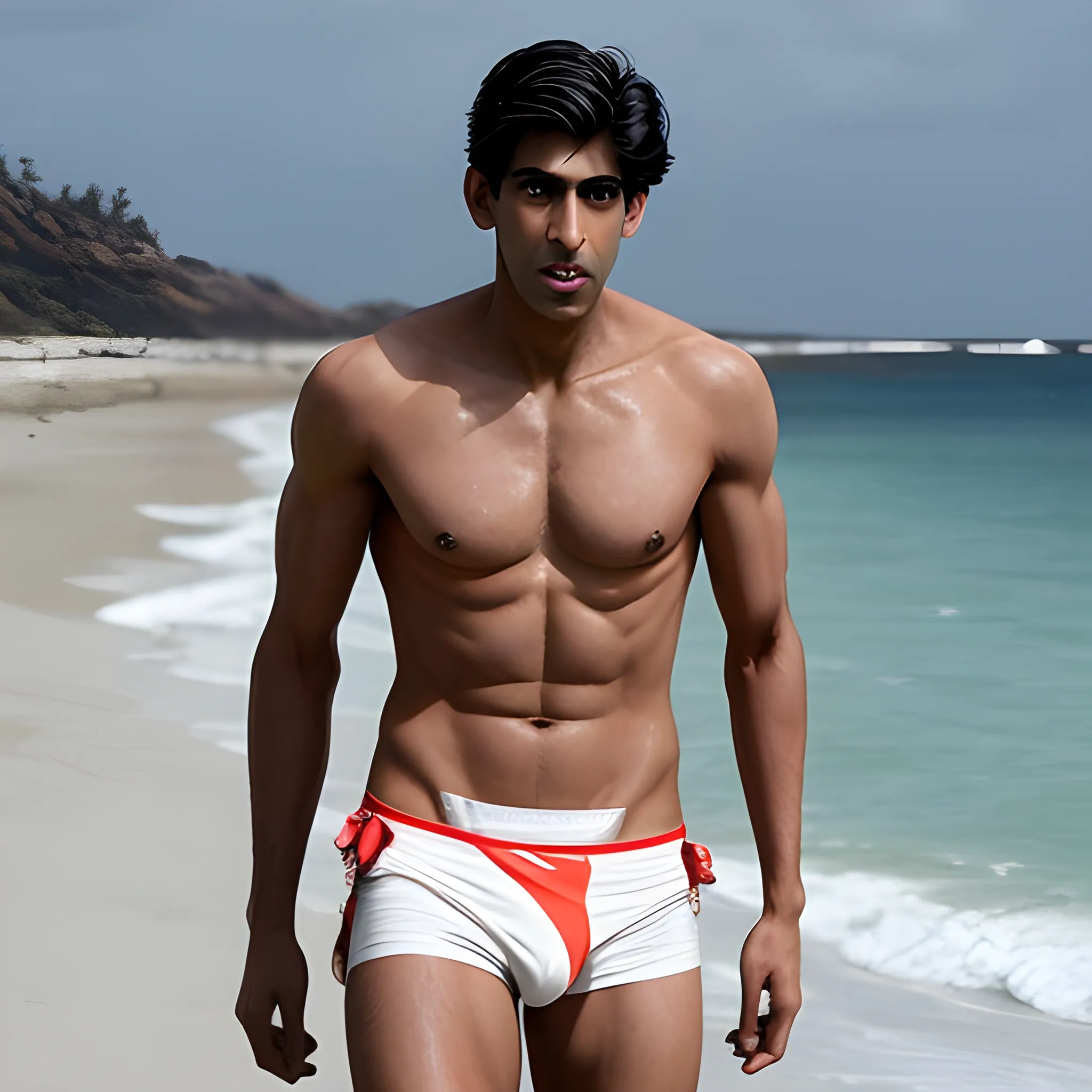 a realistic photo of a shirtless rishi sunak turned around wearing a thong