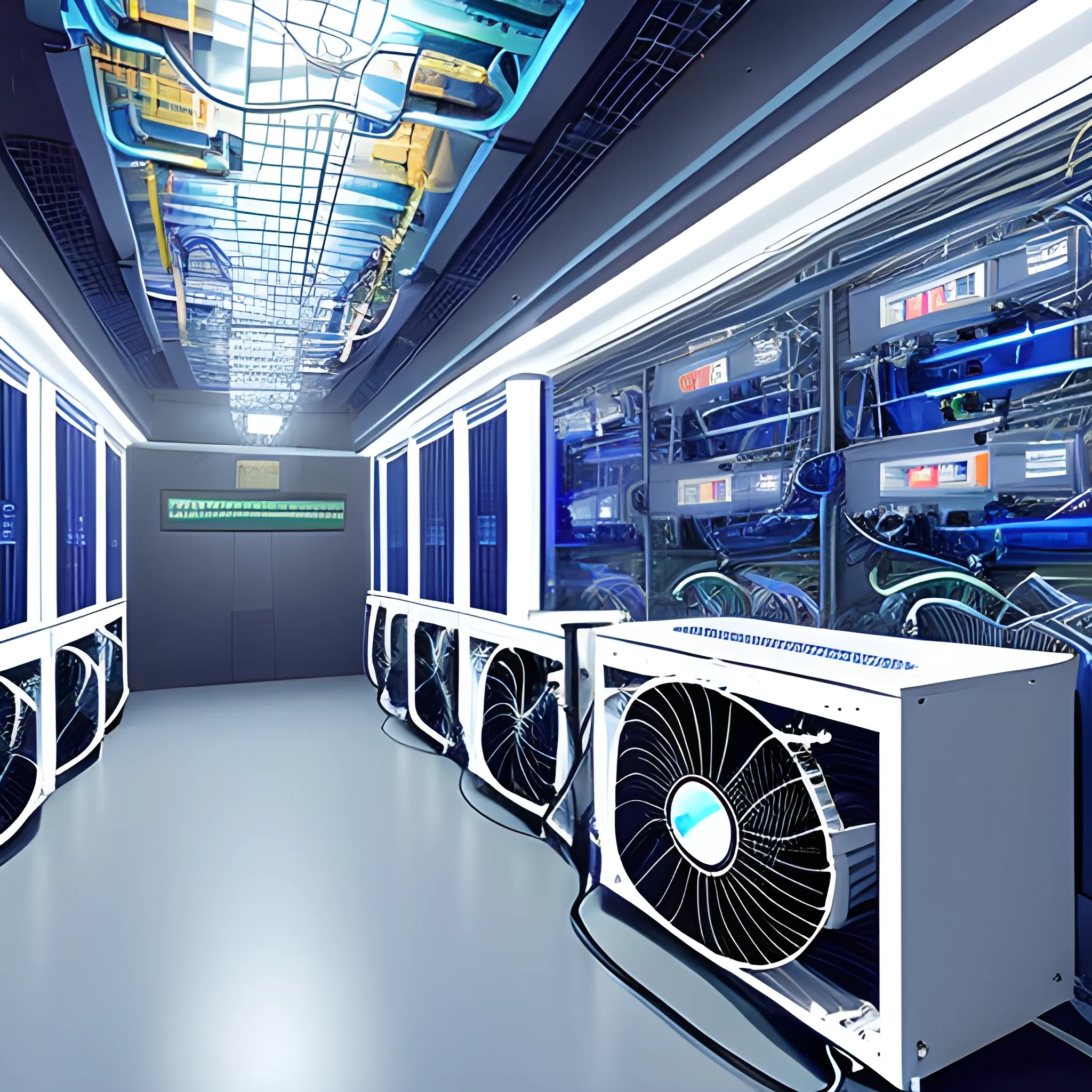 a crypto miner room with many fan