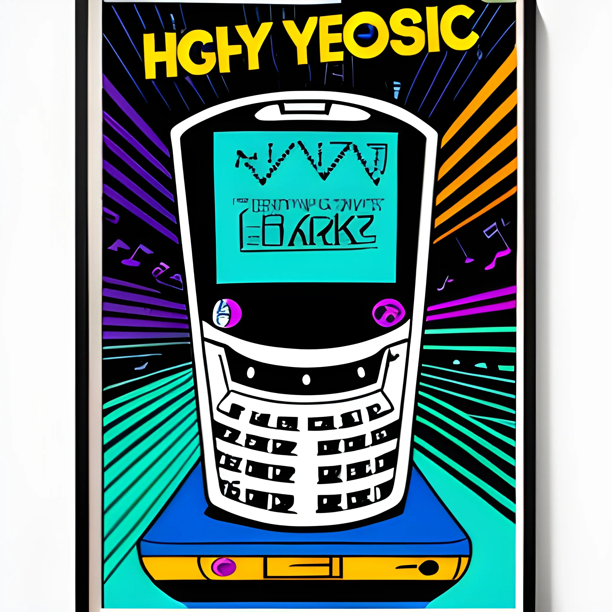 , Cartoon, y2k music themed poster, showing highly detailednokia flip phone 