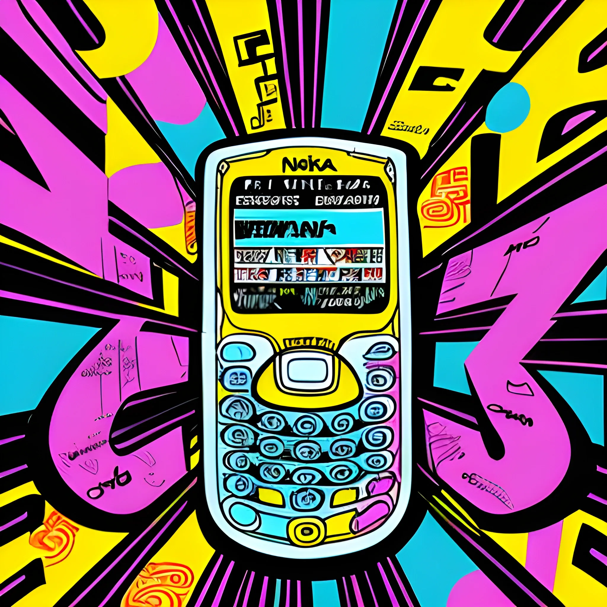 Cartoon, y2k music themed poster promotional, showing highly detailed nokia flip phone , title Four-G, graffiti back ground