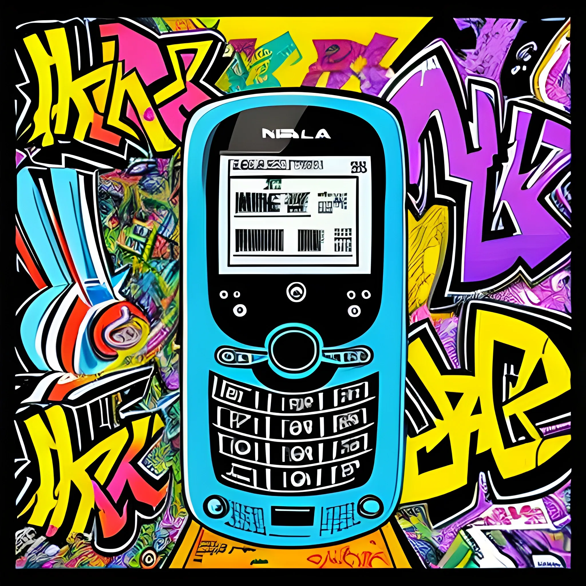 Cartoon, y2k music themed poster promotional, showing highly detailed nokia flip phone , title Four-G, graffiti back ground, Trippy