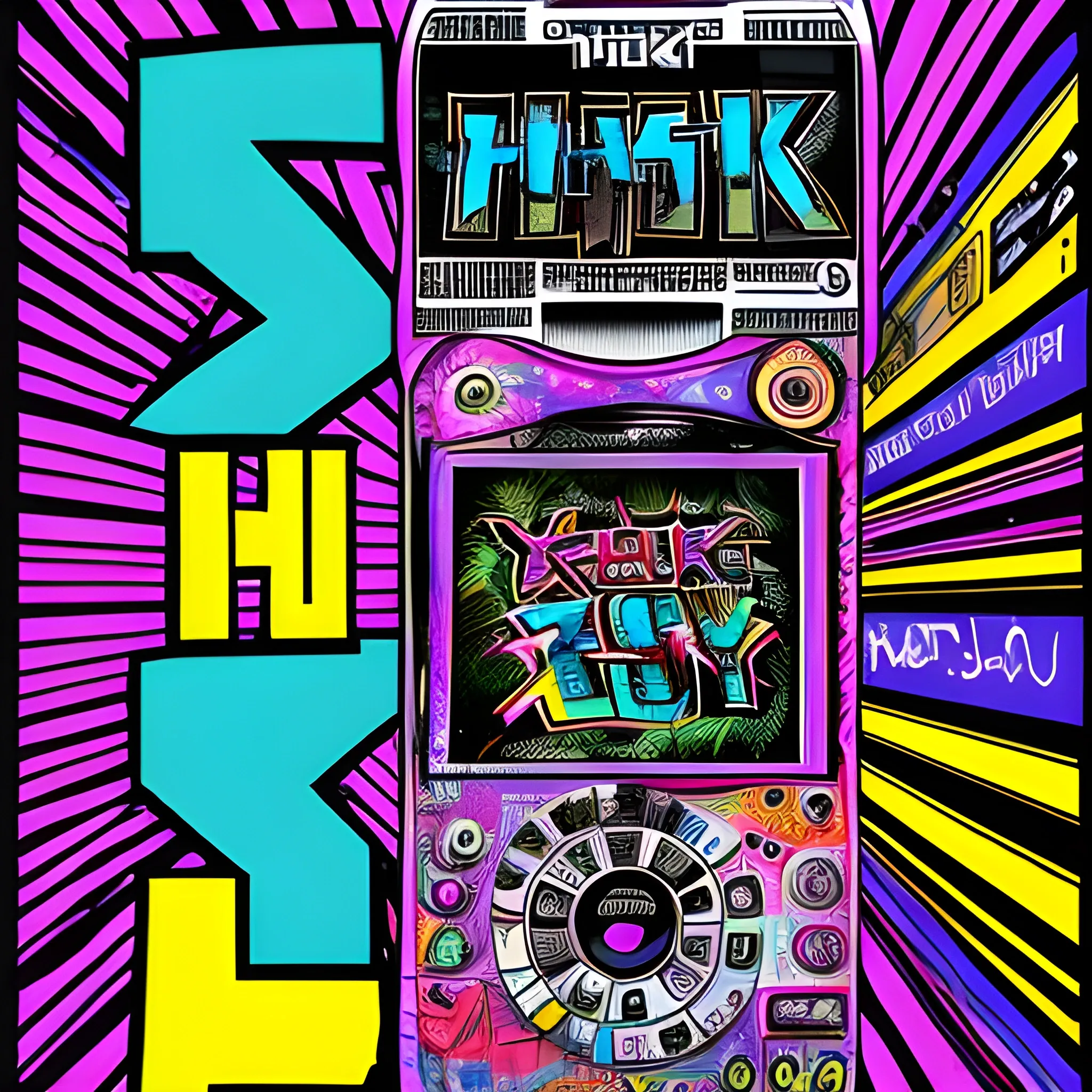 y2k music themed poster promotional, showing highly detailed nokia flip phone , title at top banner Four-G, graffiti city back ground, Trippy, drawing