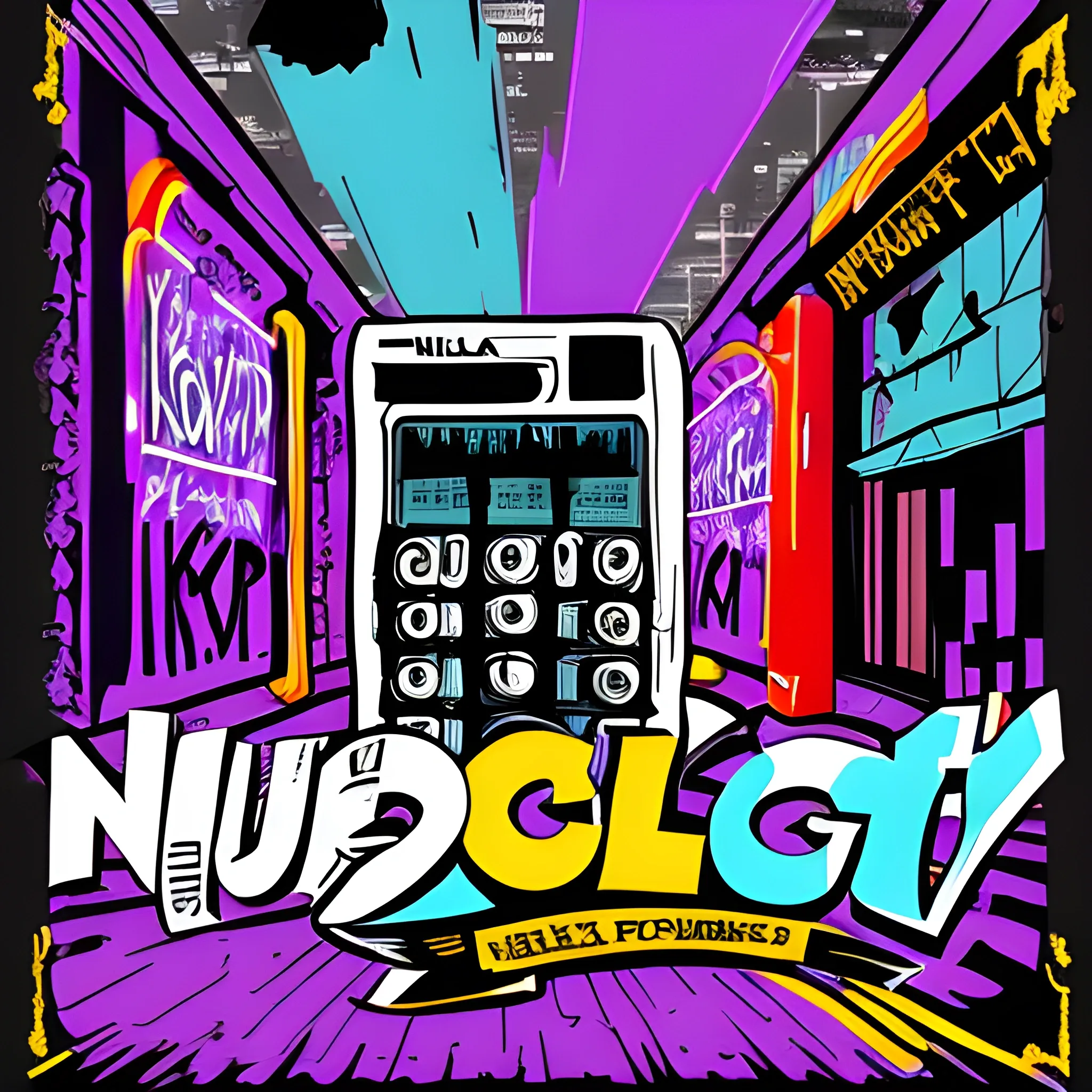 music themed poster promotional, nightclub, showing highly detailed nokia flip phone , title at top banner 'Four-G', graffiti city back ground, drawing