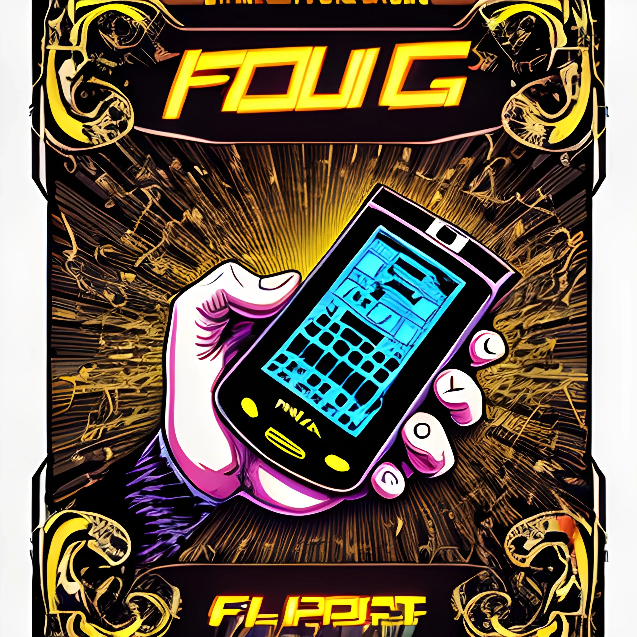 music themed poster promotional, nightclub, showing highly detailed nokia flip phone , title at top banner 'Four-G', drawing, Cartoon