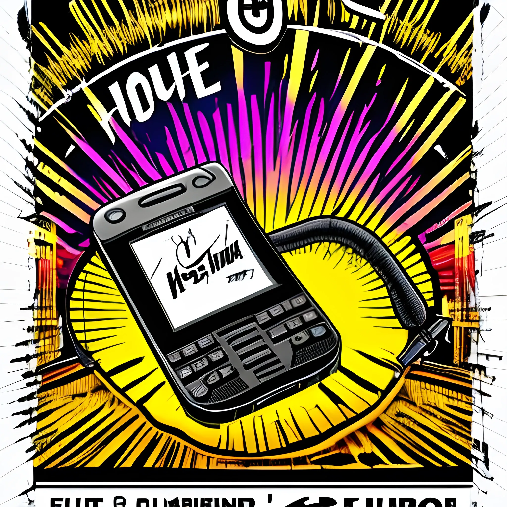 music themed poster promotional, nightclub, showing highly detailed flip phone , title at top banner 'Four-G', drawing, Cartoon