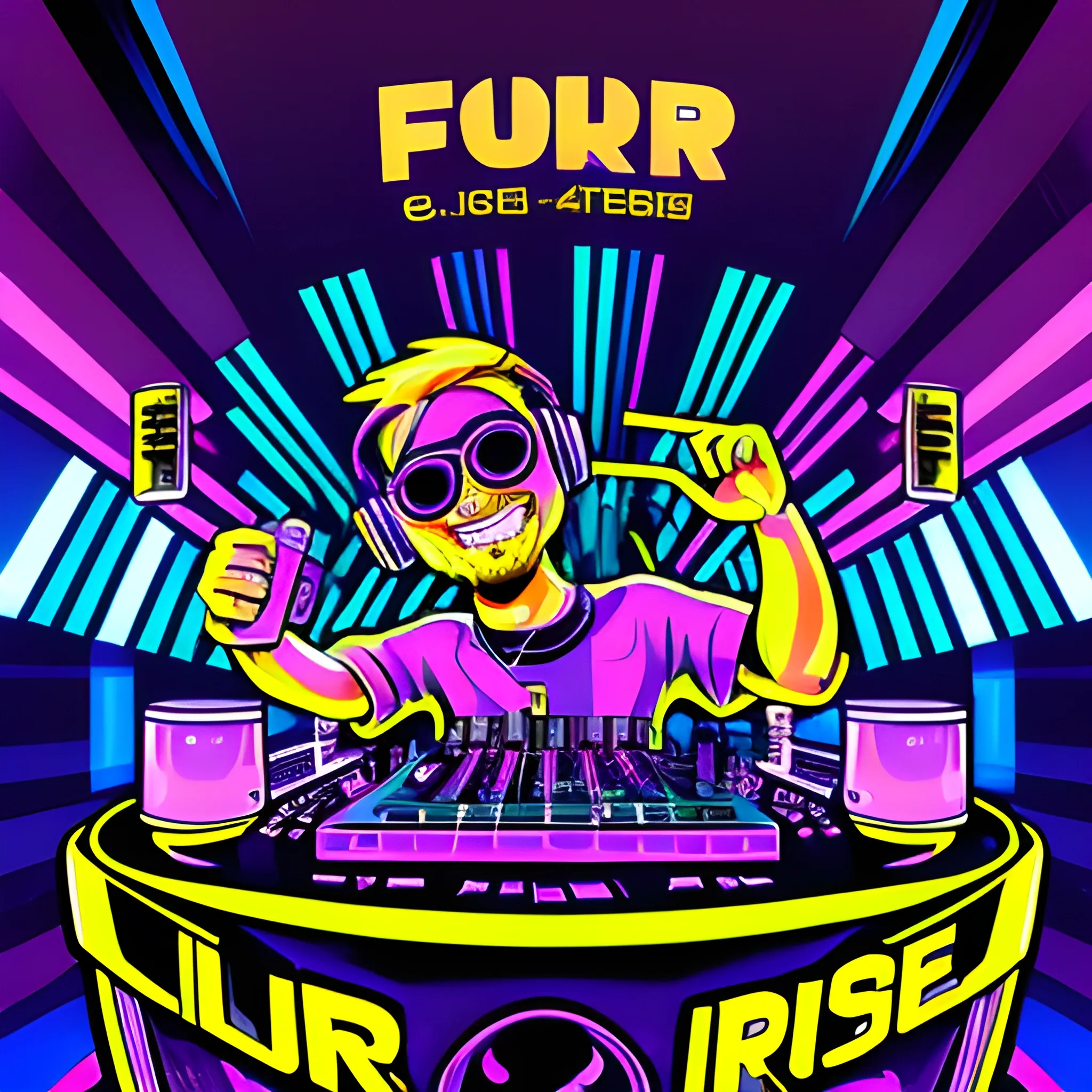 music themed poster promotional, nightclub, dj, showing highly detailed flip phone , title at top banner 'Four-G', drawing, Cartoon