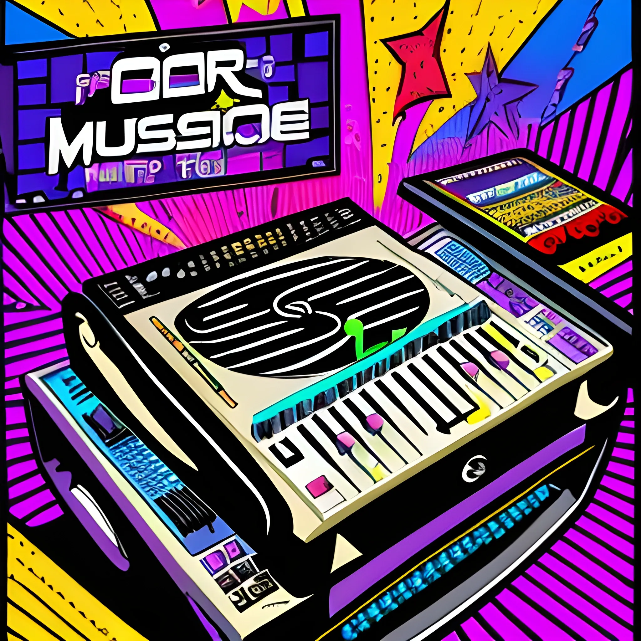  promotional music themed poster, nightclub, dj, showing highly detailed flip phone , title at top banner 'Four-G', drawing, Cartoon