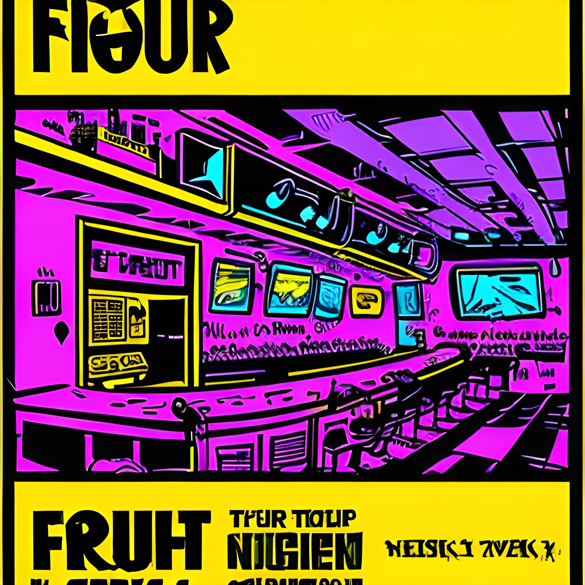  promotional music themed poster, nightclub, showing highly detailed flip phone , title at top banner 'Four-G', drawing, Cartoon