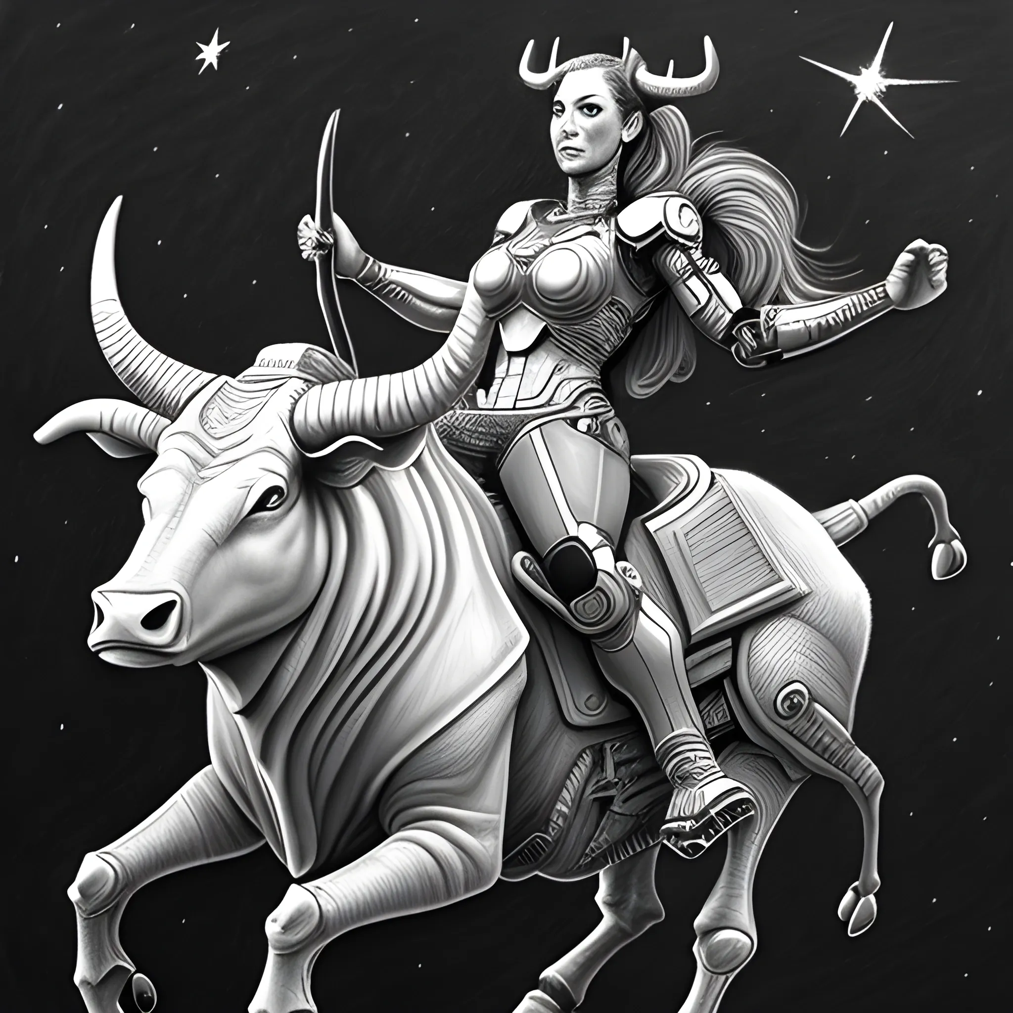 Detailed Pencil Sketch of a female cyborg riding a 6 horned bull in space
