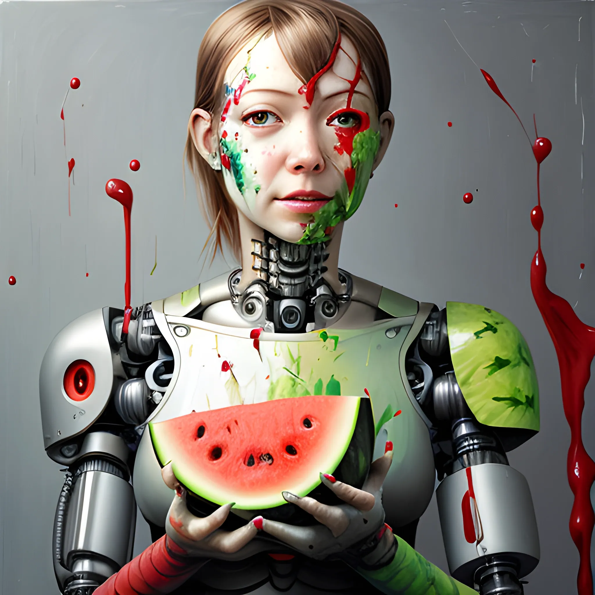 , Oil Painting, realistic half cyborg half female AI robot crushing a watermelon in her hands, messy, splatter