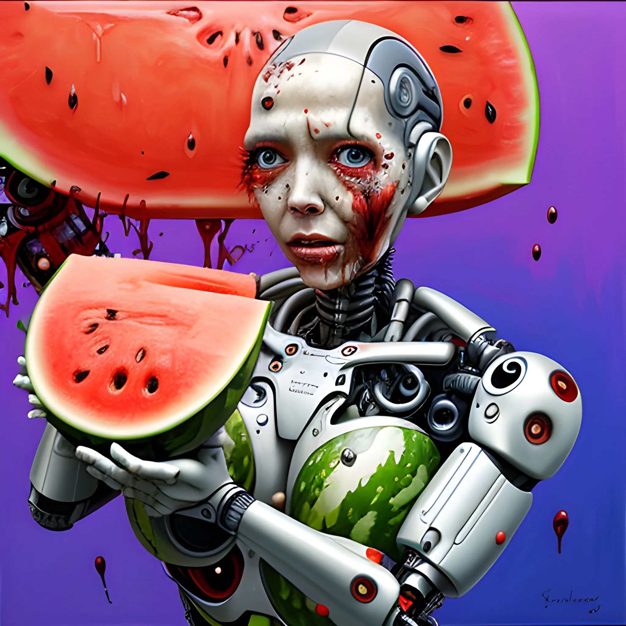 , Oil Painting, realistic half cyborg half female AI robot crushing a watermelon in her hands, messy, splatter, Trippy