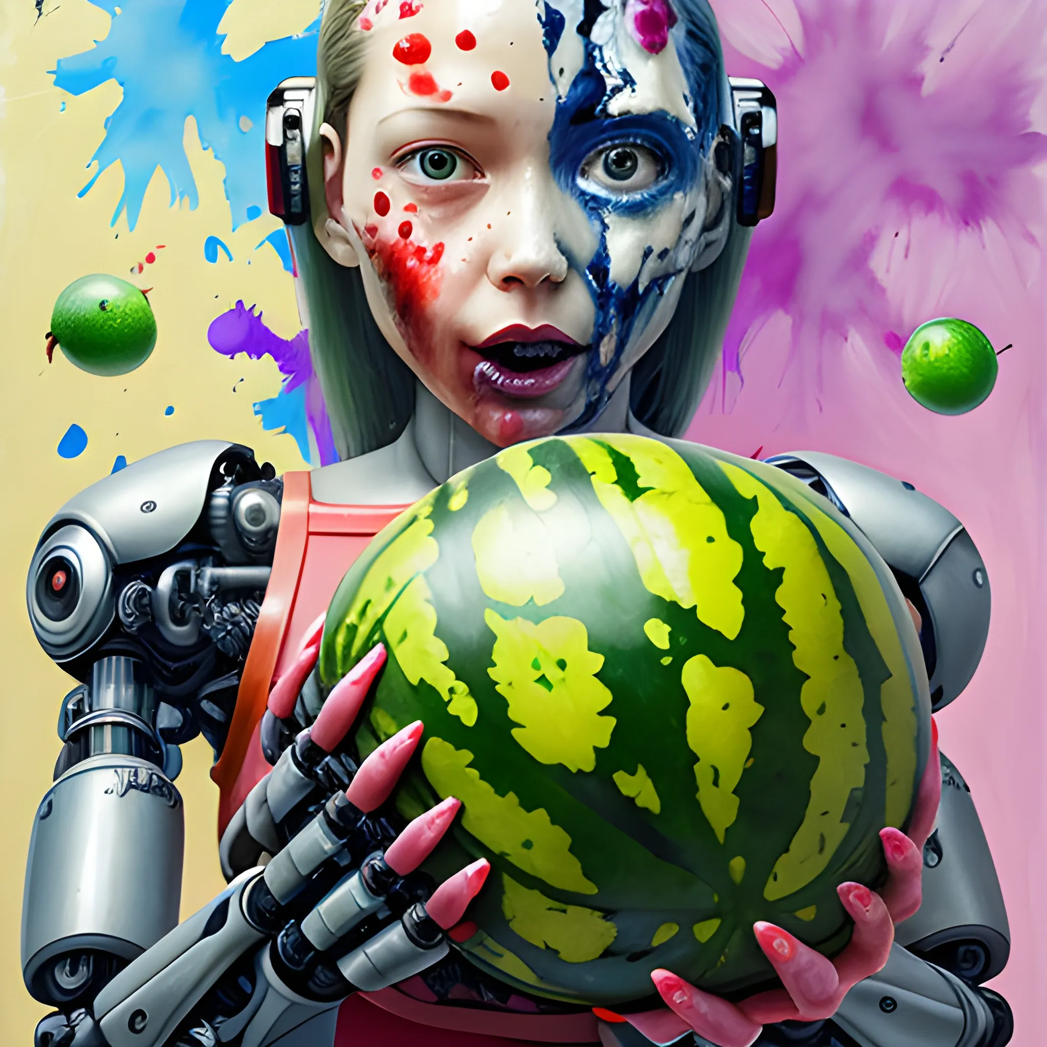 , Oil Painting, realistic half cyborg half female AI robot crushing a watermelon in her hands, messy, splatter, Trippy, Water Color