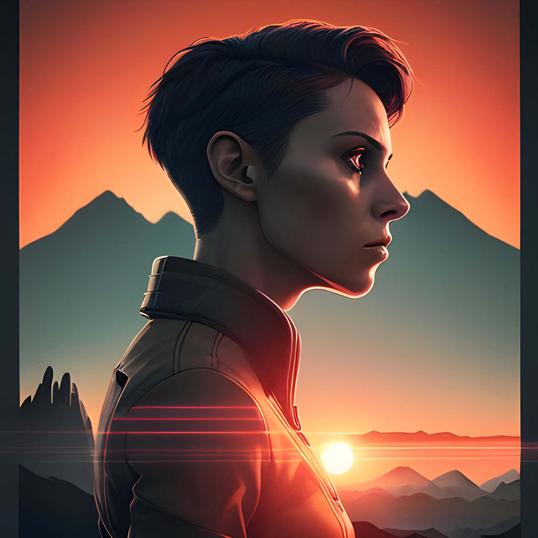 An illustration of a 90s style science fiction book cover featuring an athletic woman with short hair, dressed in a futuristic gunslinger outfit with a long, elegant coat. She has a square jaw and a determined look as she walks towards the camera, her thoughtful gaze turned to the side. The setting is an alien savanna-like planet with distant mountains on the horizon and a red sun rising behind the mountains. In the distance behind the woman, there is a burning spaceship wreck with smoke rising into the sky. cinematic, poster, dark ambient style