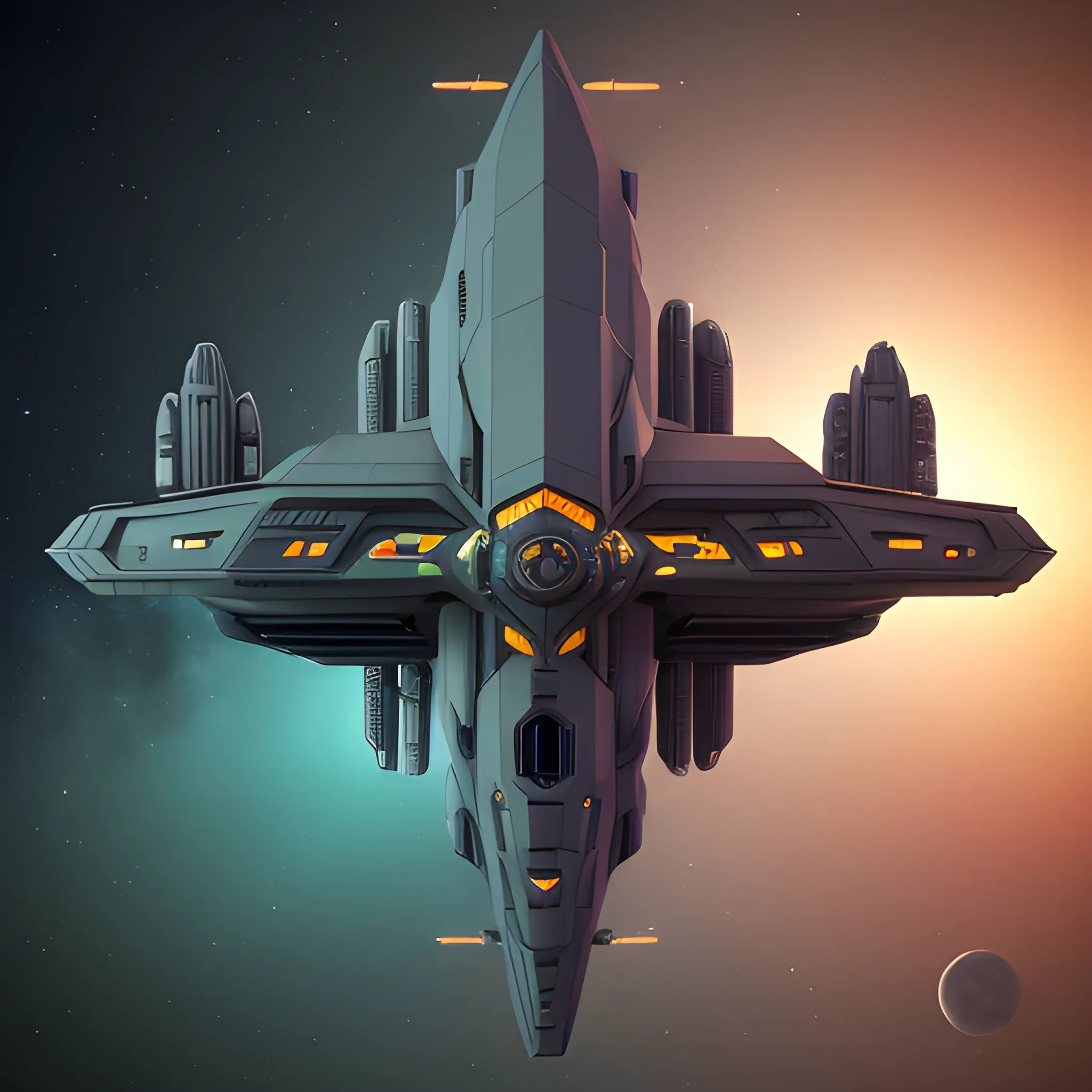 A stunning 3D render of a futuristic spaceship merging the iconic elements of J. Michael Straczynski's G'Quan Heavy Cruiser and a metallic green Mack Truck cargo hauler. The spaceship is a massive frigate with a sleek, ultramodern design, featuring a blend of metallic gold, dark vermilion, peach red, and a Renaissance Catholic Cross-inspired emblem. The spaceship floats in the vastness of space, juxtaposed against the backdrop of a massive space station, reminiscent of Larry Niven's style. The station is a colossal factory shipyard with a blend of dark beach orange and metallic accents, creating a stunning contrast against the blackness of space. The overall ambiance of the scene is cinematic and realistic, immersing the viewer in a breath, 3d render, cinematic., Trippy