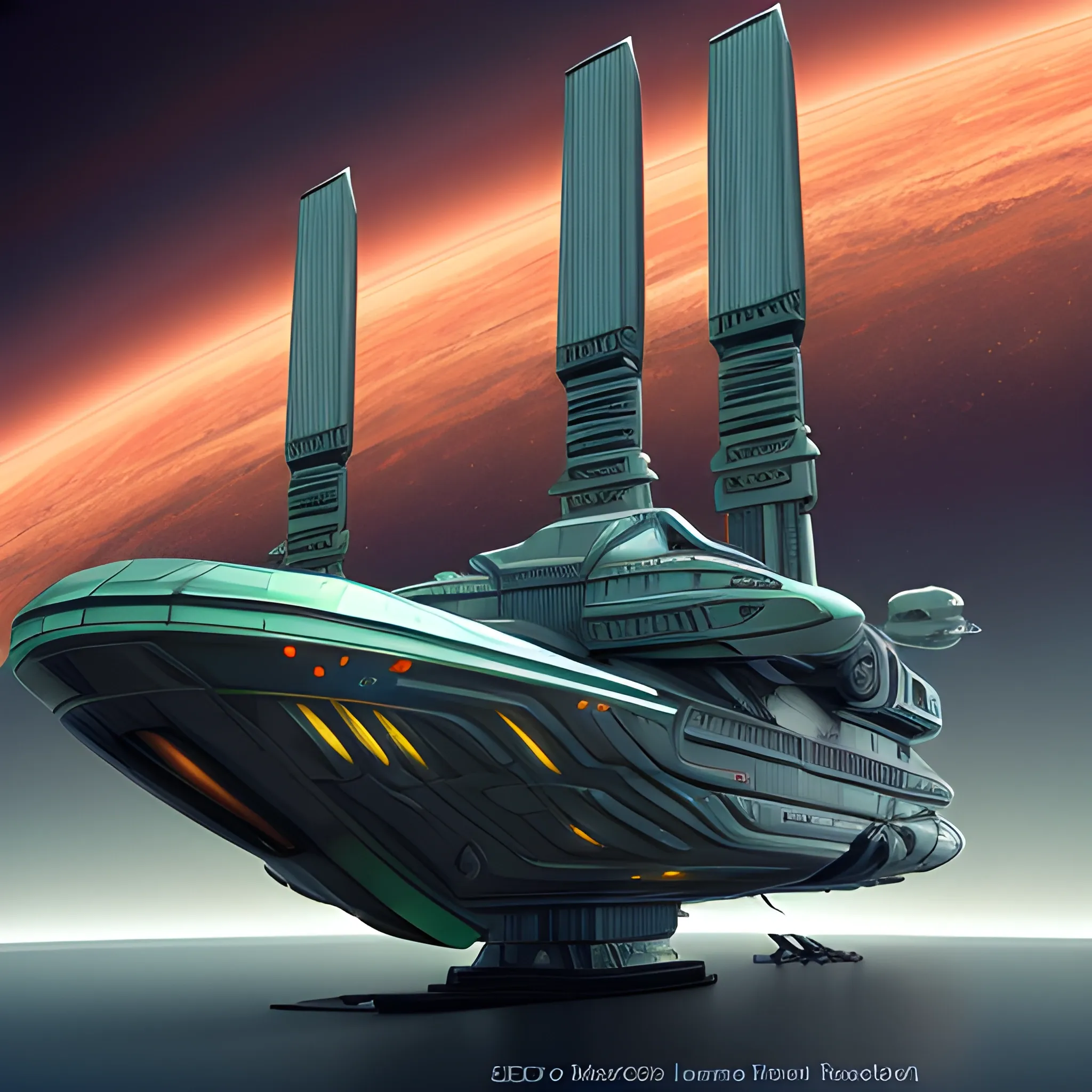 A stunning 3D render of a futuristic spaceship merging the iconic elements of J. Michael Straczynski's G'Quan Heavy Cruiser and a metallic green Mack Truck cargo hauler. The spaceship is a massive frigate with a sleek, ultramodern design, featuring a blend of metallic gold, dark vermilion, peach red, and a Renaissance Catholic Cross-inspired emblem. The spaceship floats in the vastness of space, juxtaposed against the backdrop of a massive space station, reminiscent of Larry Niven's style. The station is a colossal factory shipyard with a blend of dark beach orange and metallic accents, creating a stunning contrast against the blackness of space. The overall ambiance of the scene is cinematic and realistic, immersing the viewer in a breath, 3d render, cinematic. vibrant glass, crystal vibrant, vibrant diamond.