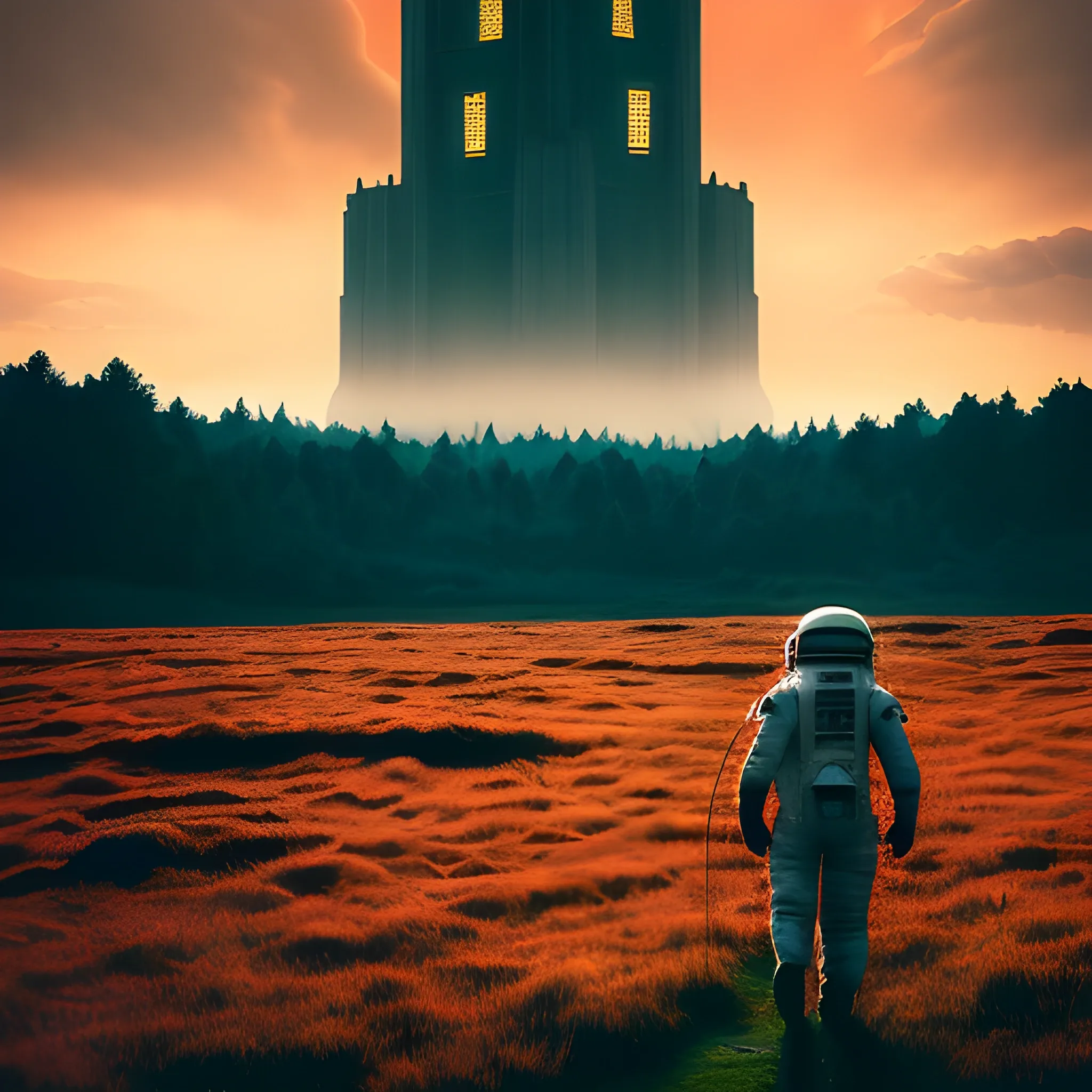 A captivating photograph of an astronaut exploring an alien planet during sunset. The astronaut is walking through a meadow filledwith strange trees that have reddish leaves. He is headed towards a mysterious, towering structure in the background. The tower's walls are adorned with glowing, enigmatic symbols. The sky is filled with clouds, creating a dramatic and stormy atmosphere, reminiscent of a cinematic scene.