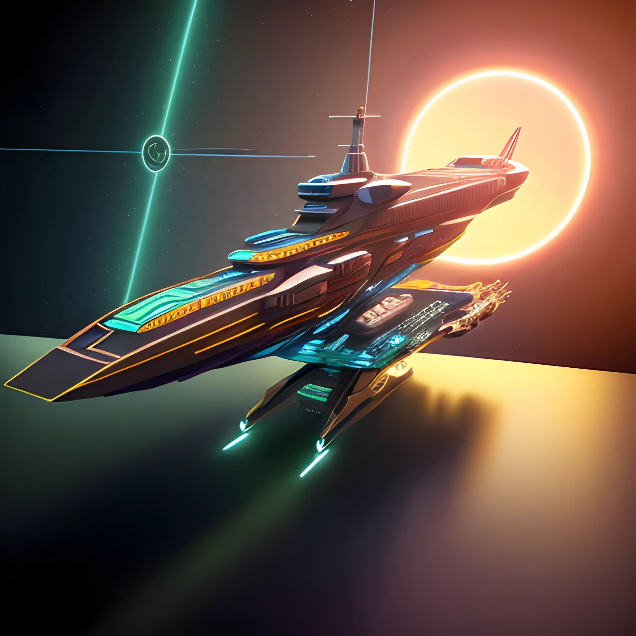 A stunning 3D render of a futuristic spaceship merging the iconic elements of J. Michael Straczynski's G'Quan Heavy Cruiser and a metallic green Mack Truck cargo hauler. The spaceship is a massive frigate with a sleek, ultramodern design, featuring a blend of metallic gold, dark vermilion, peach red, and a Renaissance Church Cross-inspired emblem. The spaceship floats in the vastness of space, juxtaposed against the backdrop of a massive space station, reminiscent of Larry Niven's style. The station is a colossal factory shipyard with a blend of dark beach orange and metallic accents, creating a stunning contrast against the blackness of space. The overall ambiance of the scene is cinematic and realistic, immersing the viewer in a breath, 3d render, cinematic. vibrant glass, crystal vibrant, vibrant diamond.