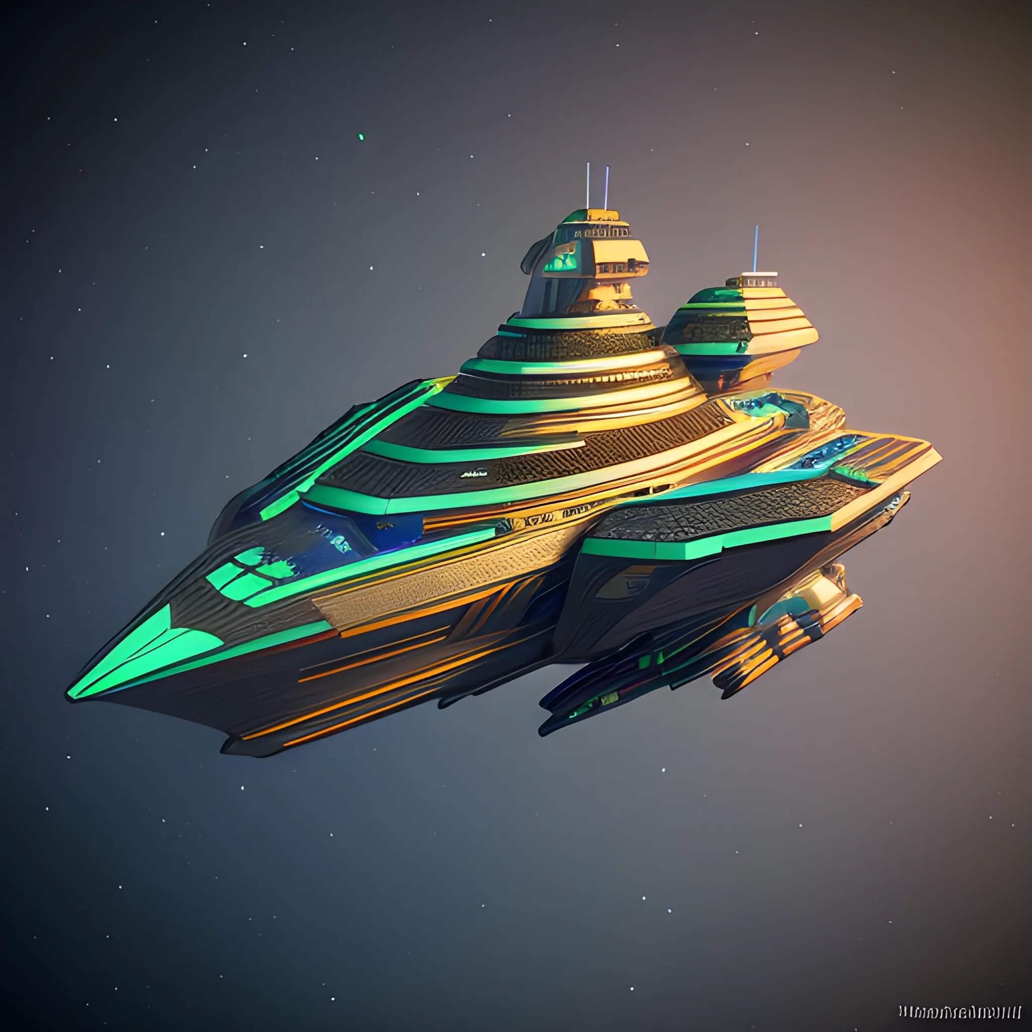 A stunning 3D render of a futuristic spaceship merging the iconic elements of J. Michael Straczynski's G'Quan Heavy Cruiser and a metallic green Mack Truck cargo hauler. The spaceship is a massive frigate with a sleek, ultramodern design, featuring a blend of metallic gold, dark vermilion, peach red, and a Renaissance Catholic Cross-inspired emblem. The spaceship floats in the vastness of space, juxtaposed against the backdrop of a massive space station, reminiscent of Larry Niven's style. The station is a colossal factory shipyard with a blend of dark beach orange and metallic accents, creating a stunning contrast against the blackness of space. The overall ambiance of the scene is cinematic and realistic, immersing the viewer in a breath, 3d render, cinematic. vibrant glass, crystal vibrant, vibrant diamond.