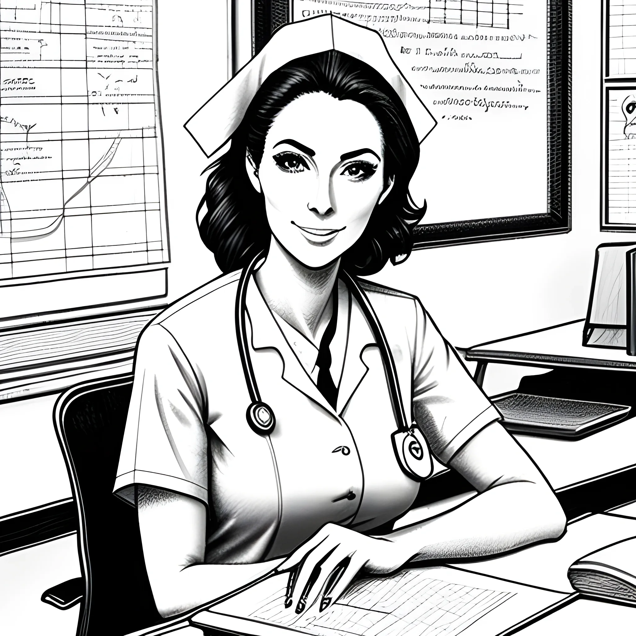 Girl, sitting on class desk, wearing nurse outfit, Pencil Sketch ...