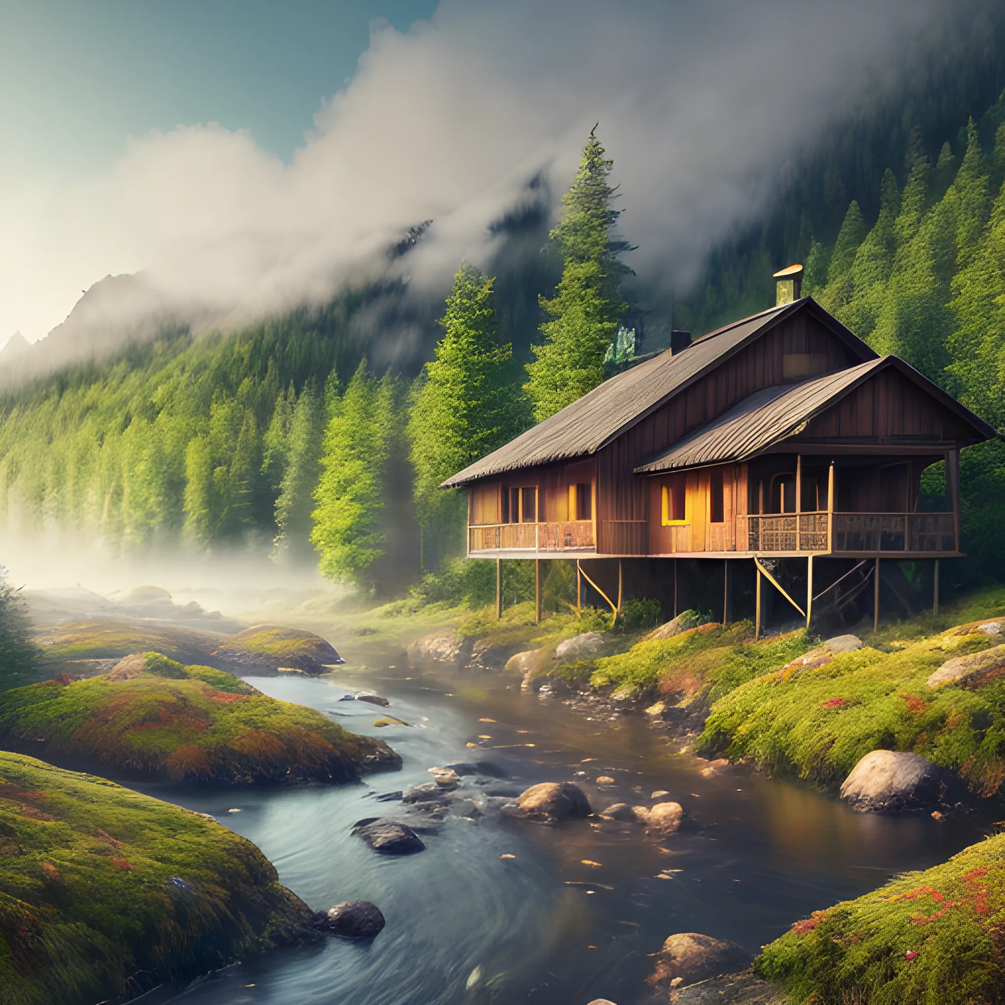 Realistic and beautiful natural landscape, 4k resolution, ultra-fine, forest, dense vegetation, mountains, river, sunlight, close-up, mist, wooden house, chimney smoke, mysterious colors, dreamy colors