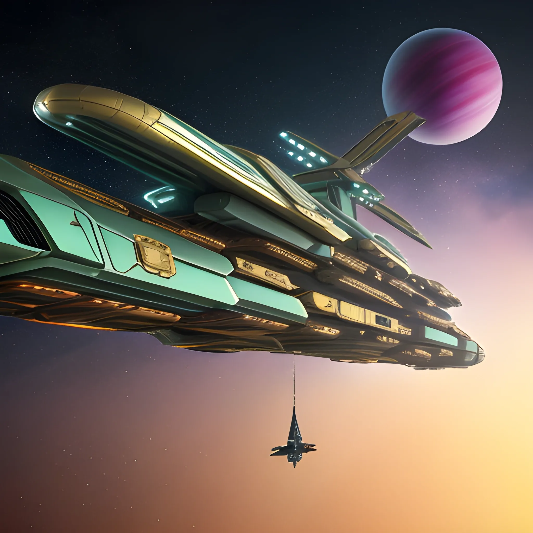 A stunning 3D render of a futuristic spaceship merging the iconic elements of J. Michael Straczynski's G'Quan Heavy Cruiser and a metallic green Mack Truck cargo hauler. The spaceship is a massive frigate with a sleek, ultramodern design, featuring a blend of metallic gold, dark vermilion, peach red, and a Renaissance Catholic Cross-inspired emblem. The spaceship floats in the vastness of space, juxtaposed against the backdrop of a massive space station, reminiscent of Larry Niven's style. 