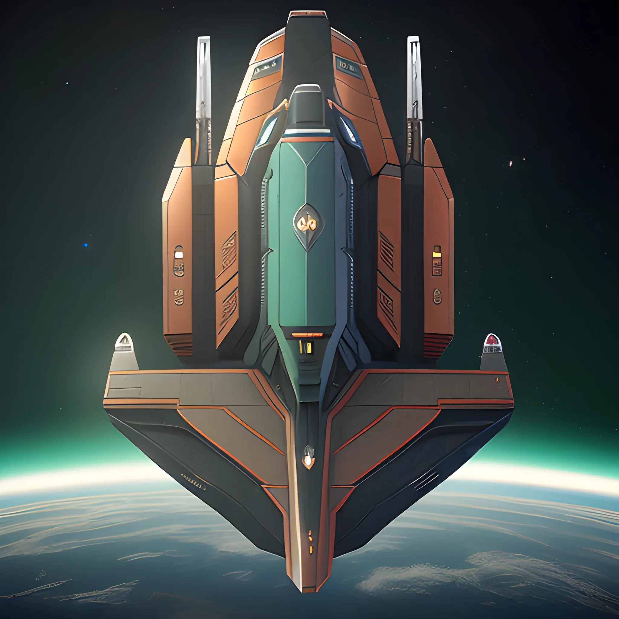 A stunning 3D render of a futuristic spaceship merging the iconic elements of J. Michael Straczynski's G'Quan Heavy Cruiser and a metallic green Mack Truck cargo hauler. The spaceship is a massive frigate with a sleek, ultramodern design, featuring a blend of metallic gold, dark vermilion, peach red, and a Renaissance Catholic Cross-inspired emblem. The spaceship floats in the vastness of space, juxtaposed against the backdrop of a massive space station, reminiscent of Larry Niven's style. 