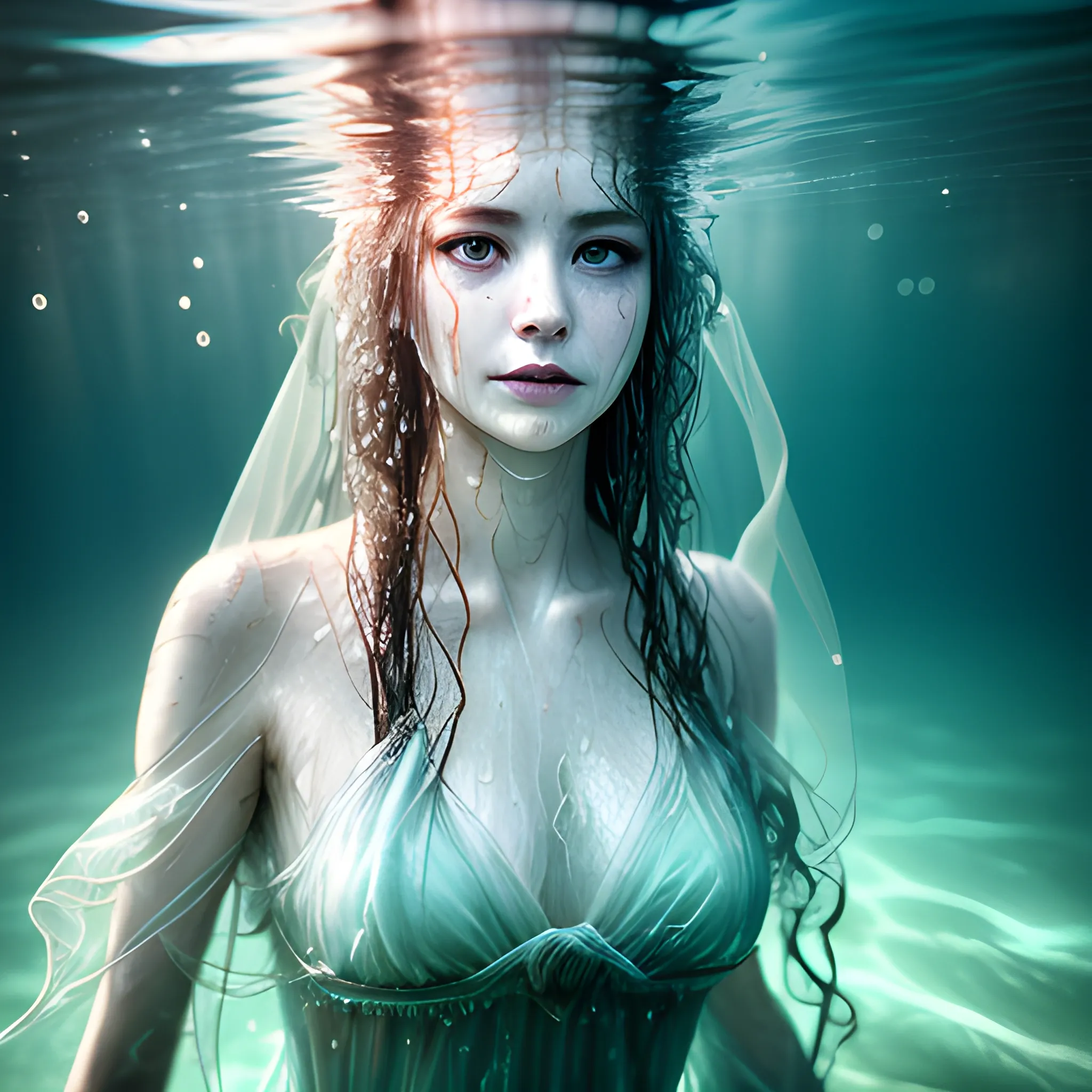 High detail RAW color photo professional, highly detail face: 1.4, a detailed portrait of a woman floating underwater wearing long flowing dress, grimm fairytale style, amazing underwater, detailed skin, wet clothes, wet hair, see-through clothes, lens flare, shade, tindal effect, lens flare, backlighting, bokeh