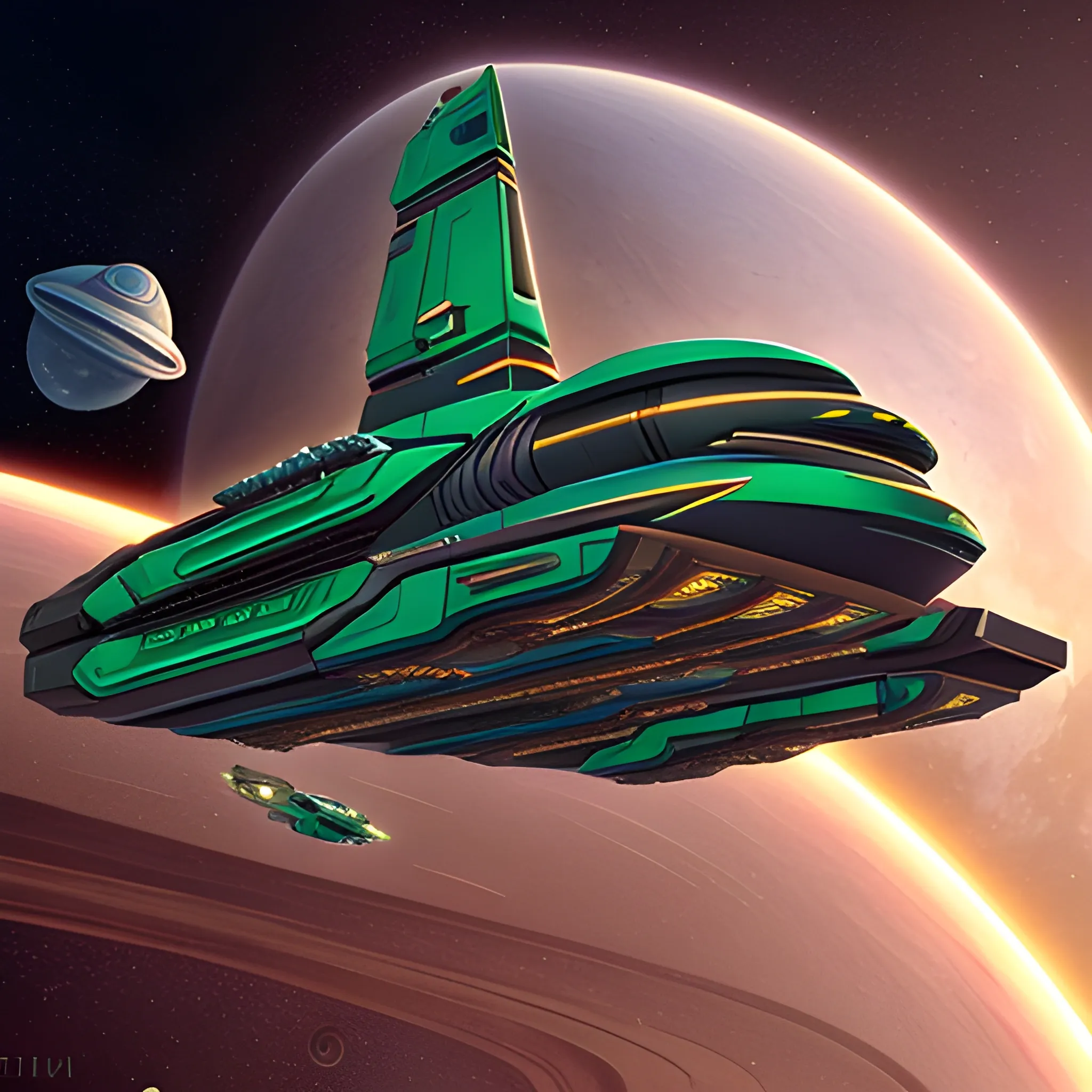 A stunning 3D render of a futuristic spaceship merging the iconic elements of J. Michael Straczynski's G'Quan Heavy Cruiser and a metallic green Mack Truck cargo hauler. The spaceship is a massive frigate with a sleek, ultramodern design, featuring a blend of metallic gold, dark vermilion, peach red, and a Renaissance Catholic Cross-inspired emblem. The spaceship floats in the vastness of space, juxtaposed against the backdrop of a massive space station, reminiscent of Gene L. Coon.'s style. 