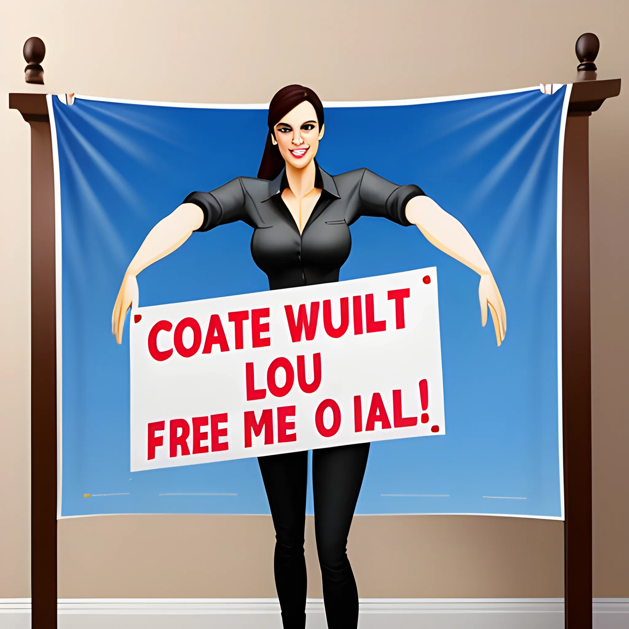 Create a girl caring a banner that write Buy one Get On free, 3D