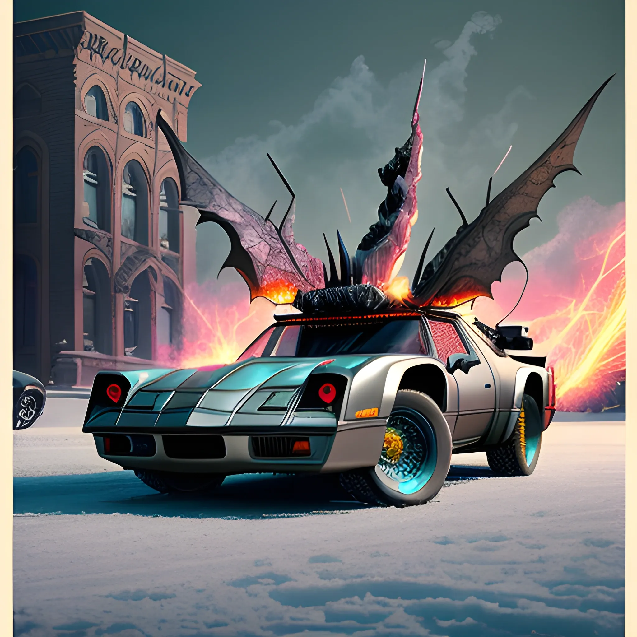 A captivating conceptual art piece featuring an extraordinary 3D render of a medieval Batmobile, designed in Tim Burton's distinctive style. The vehicle is a seamless blend of a 1980s Trans Am and 1974 Winnebago, gliding through the quaint, snow-covered Main Street of Potsdam, New York at sunrise. The metallic silver and blue wired construction showcases intricate details, from the motherboard integrated into the car's backbone to the smoke-belching diodes and riveting artillery. The design masterfully combines vibrant colors, dark fantasy, and cinematic elements, resulting in a striking portrait of the Batmobile. This unique blend of fashion, architecture, and technology is displayed in a stunning poster-like photograph, with the vehicle's tall stacks casting dramatic shadows and sparks crackling in the periphery.