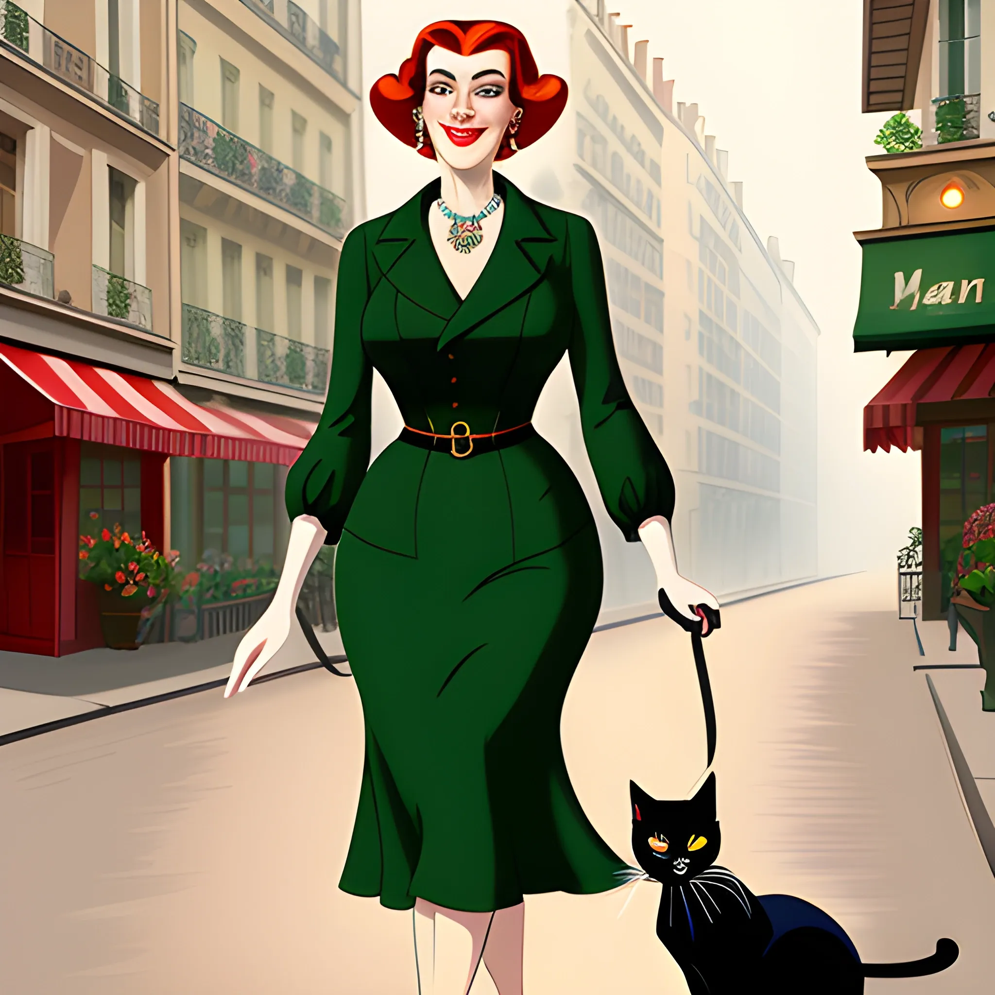 an illustration of a girl walking with cat down a street, in the style of disney animation, pre-world war ii school of paris, 32k uhd, red and emerald, character caricatures, mysterious backdrops, lively tableaus