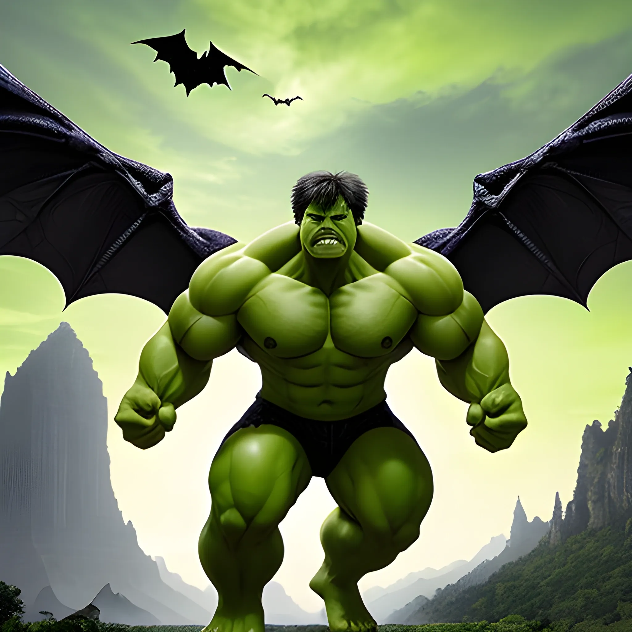 magnificent Hulk with bat wings features on a mythical landscape