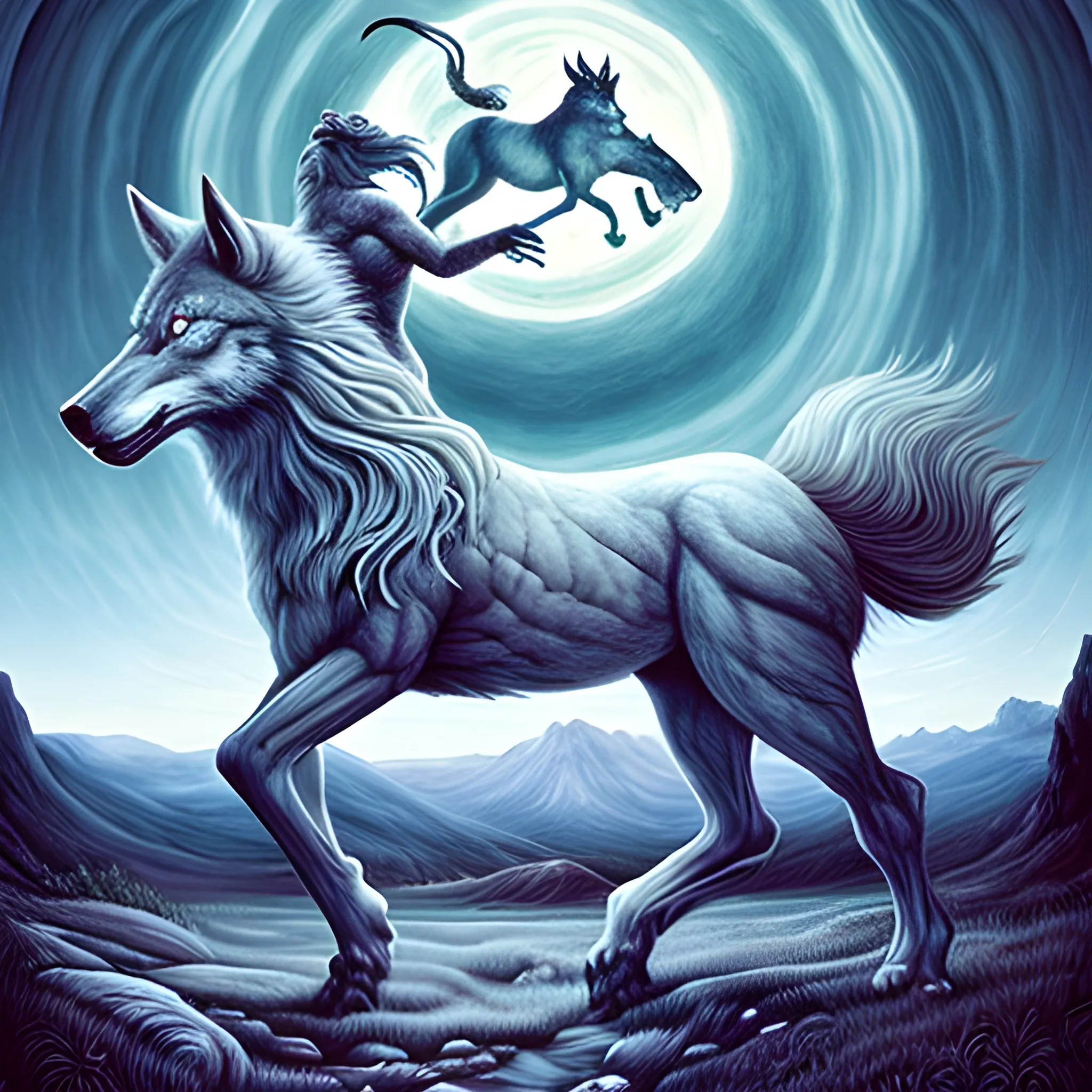 magnificent centaur creature with were wolf features on a mythical landscape, Trippy