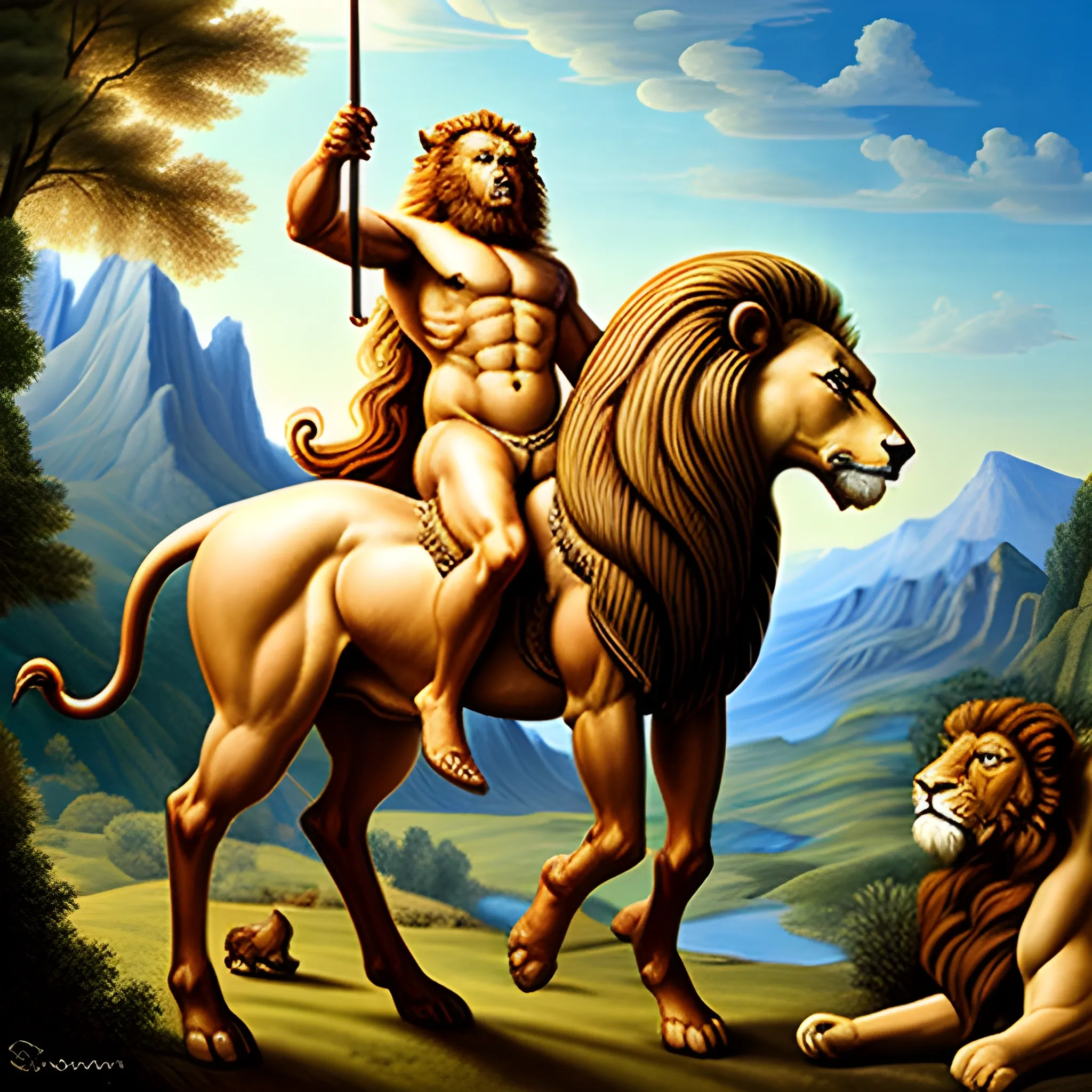 Magnificent centaur man with were Lion features on a mythical landscape,