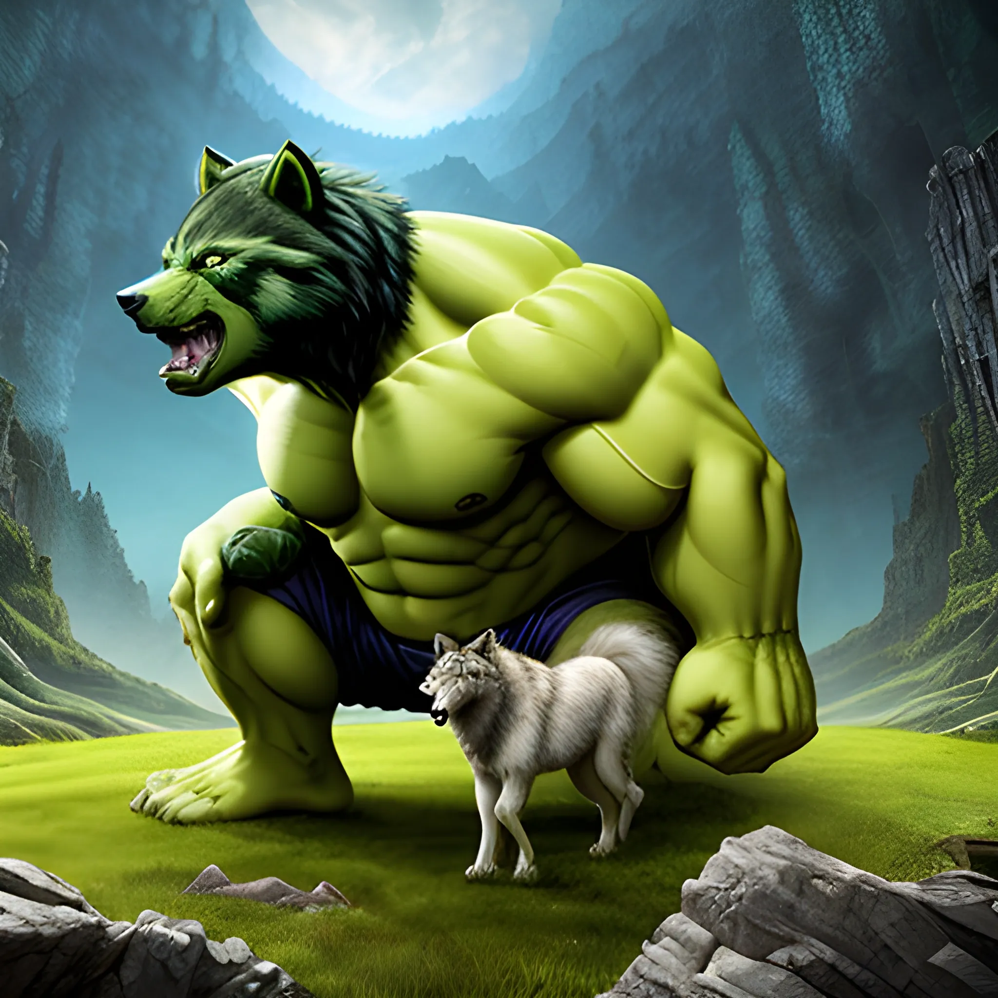 magnificent hulk with were wolf features on a mythical landscape 