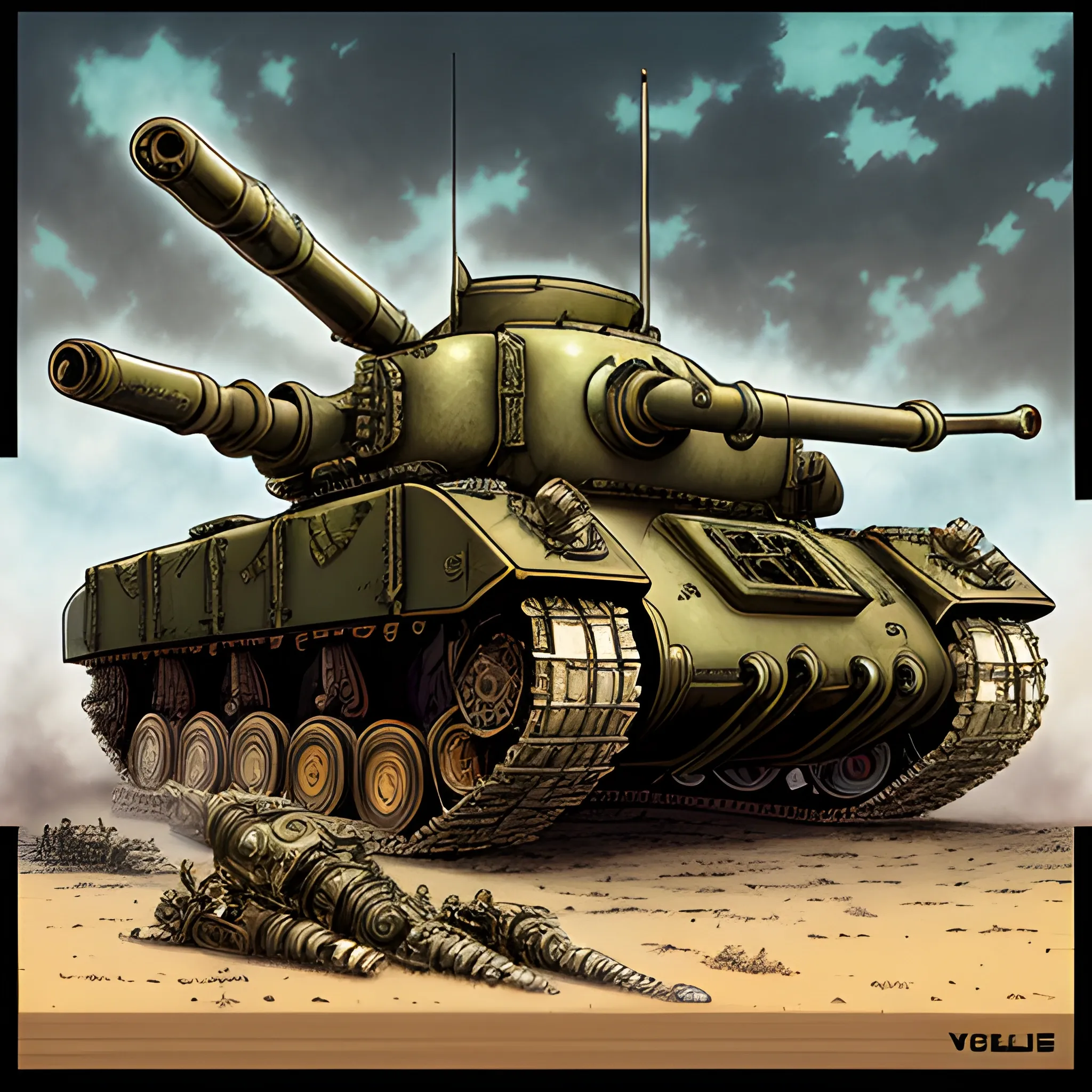 highly detailed illustration of an SV-001 tank from Metal Slug, with massive tracks and multiple turrets, warhammer, steampunk style