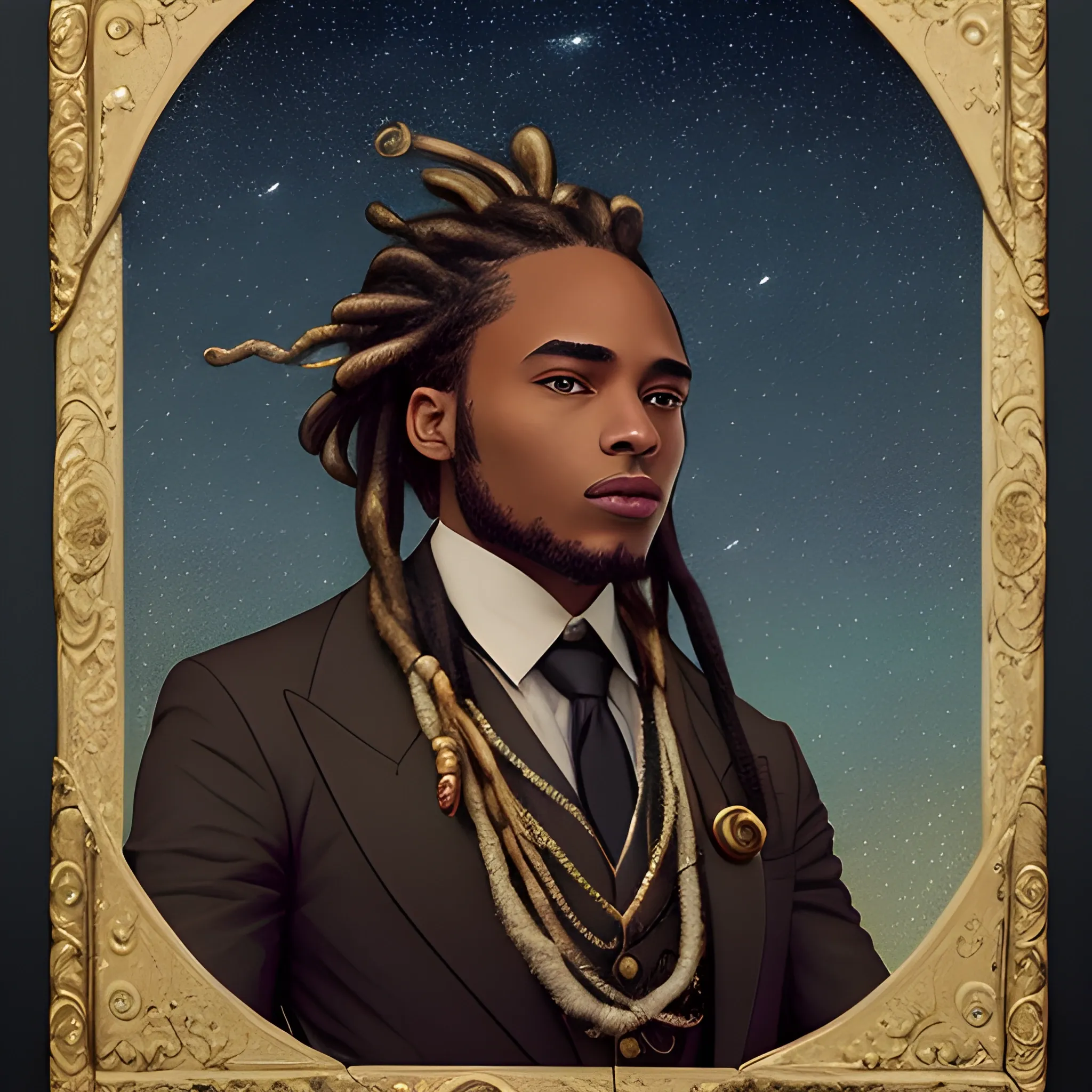 an exquisite depiction of a well-dressed, wealthy ypung adult with dreadlocks, set against a night sky full of stars