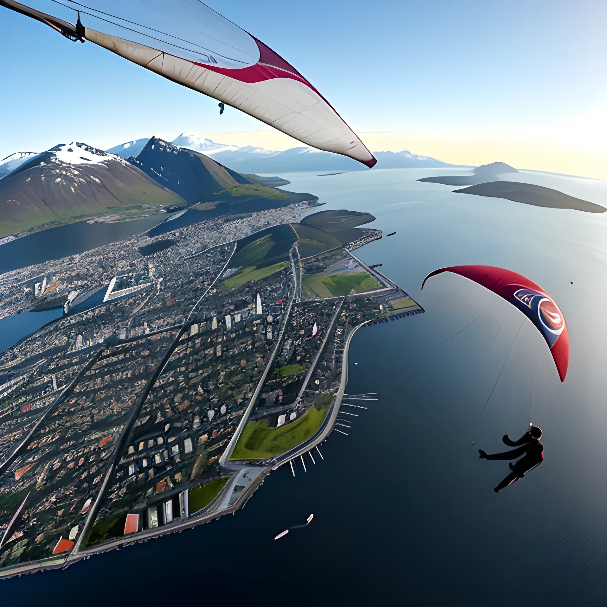 Young man hang gliding over Tromsø town in midnight sun