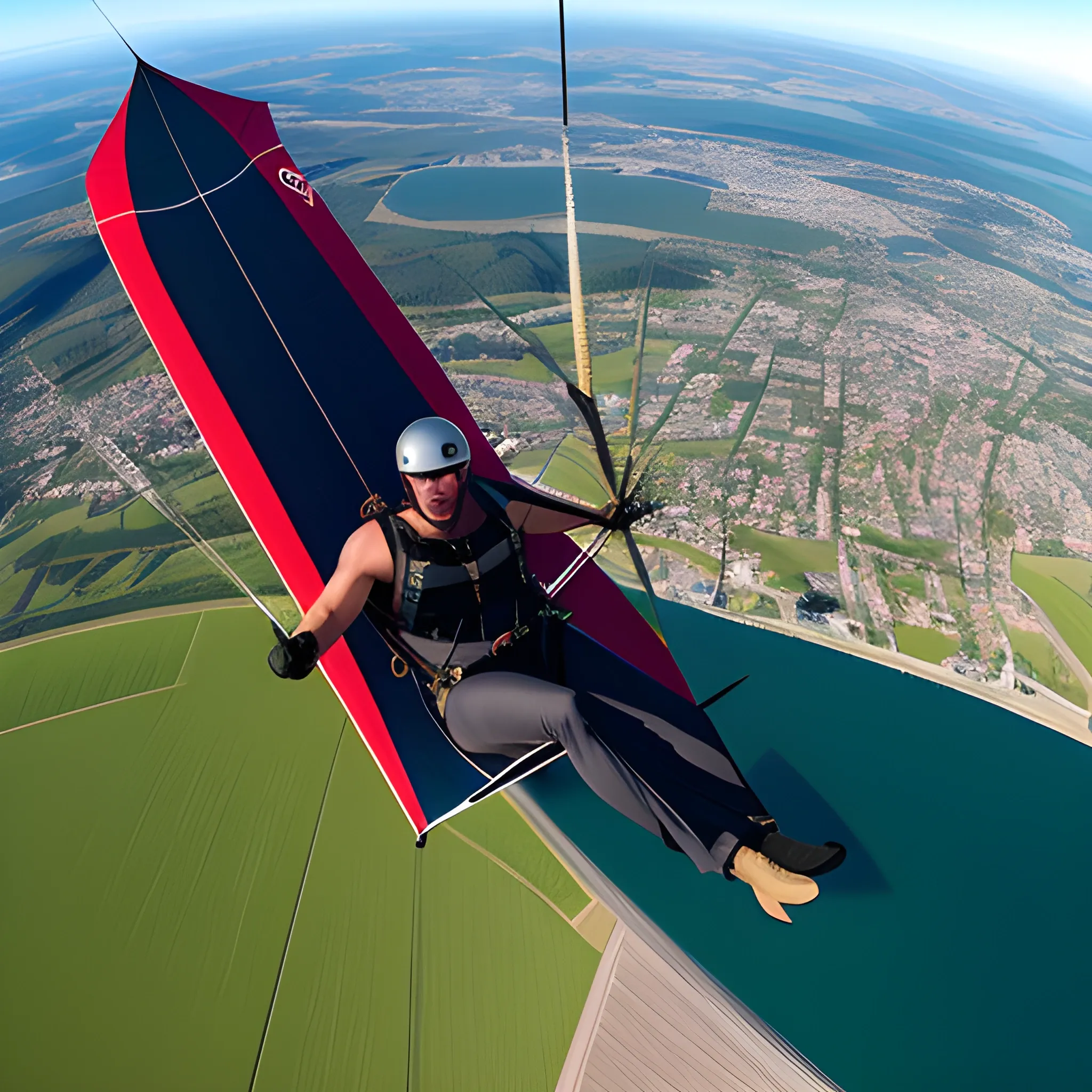 Young man hang gliding over Tromp town in midnight sun